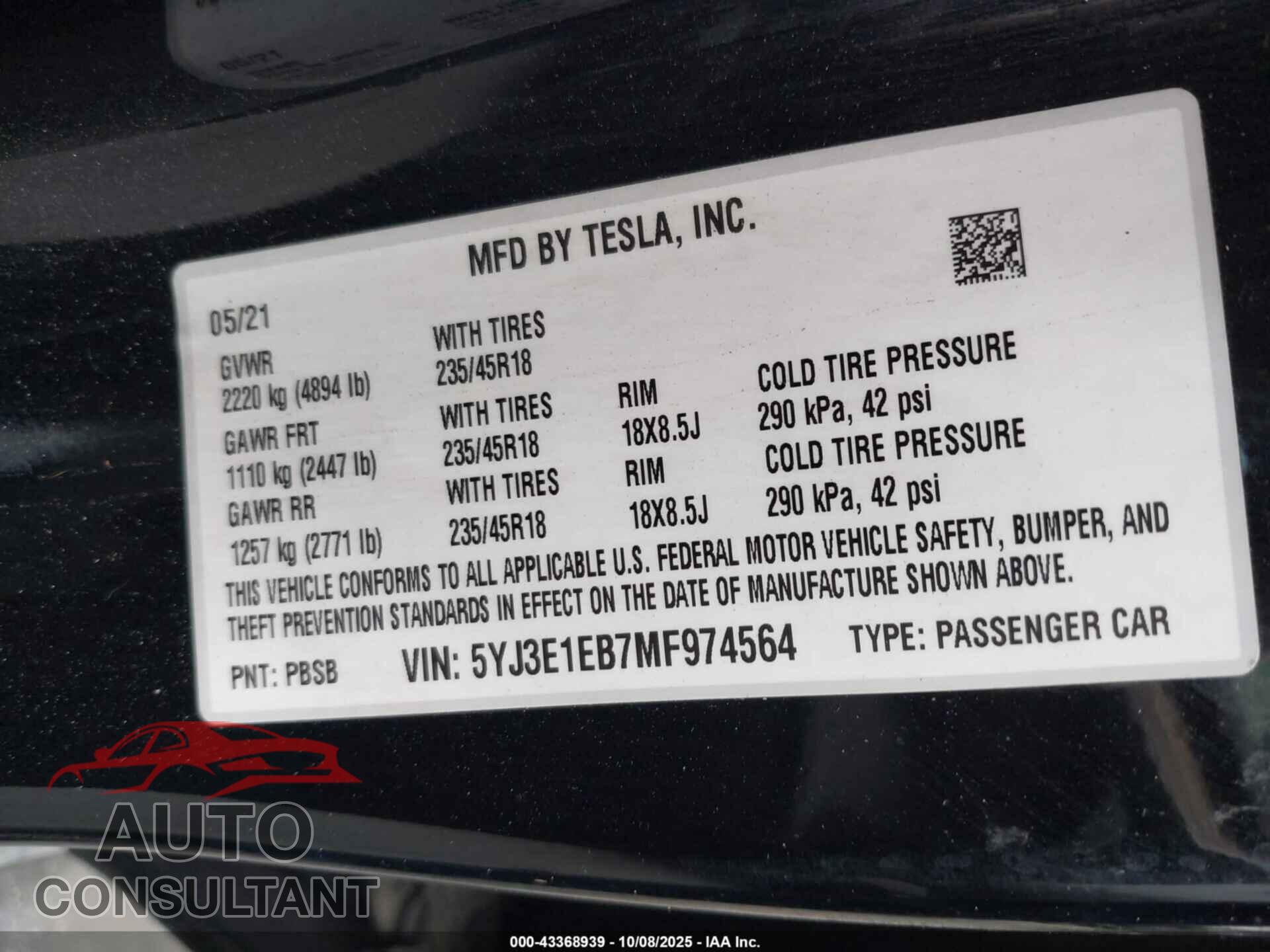 TESLA MODEL 3 2021 - 5YJ3E1EB7MF974564