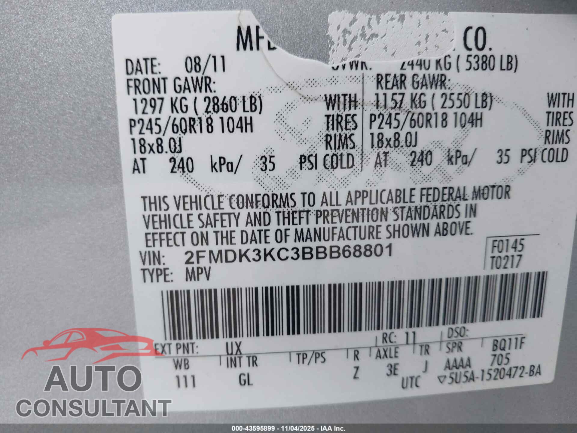 FORD EDGE 2011 - 2FMDK3KC3BBB68801