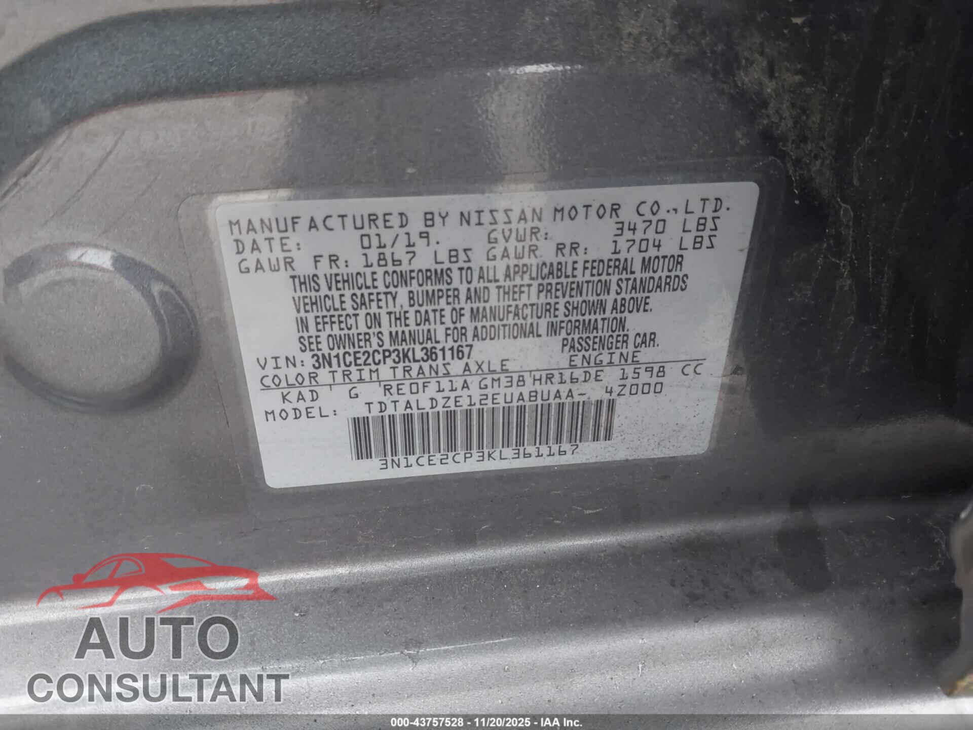 NISSAN VERSA NOTE 2019 - 3N1CE2CP3KL361167