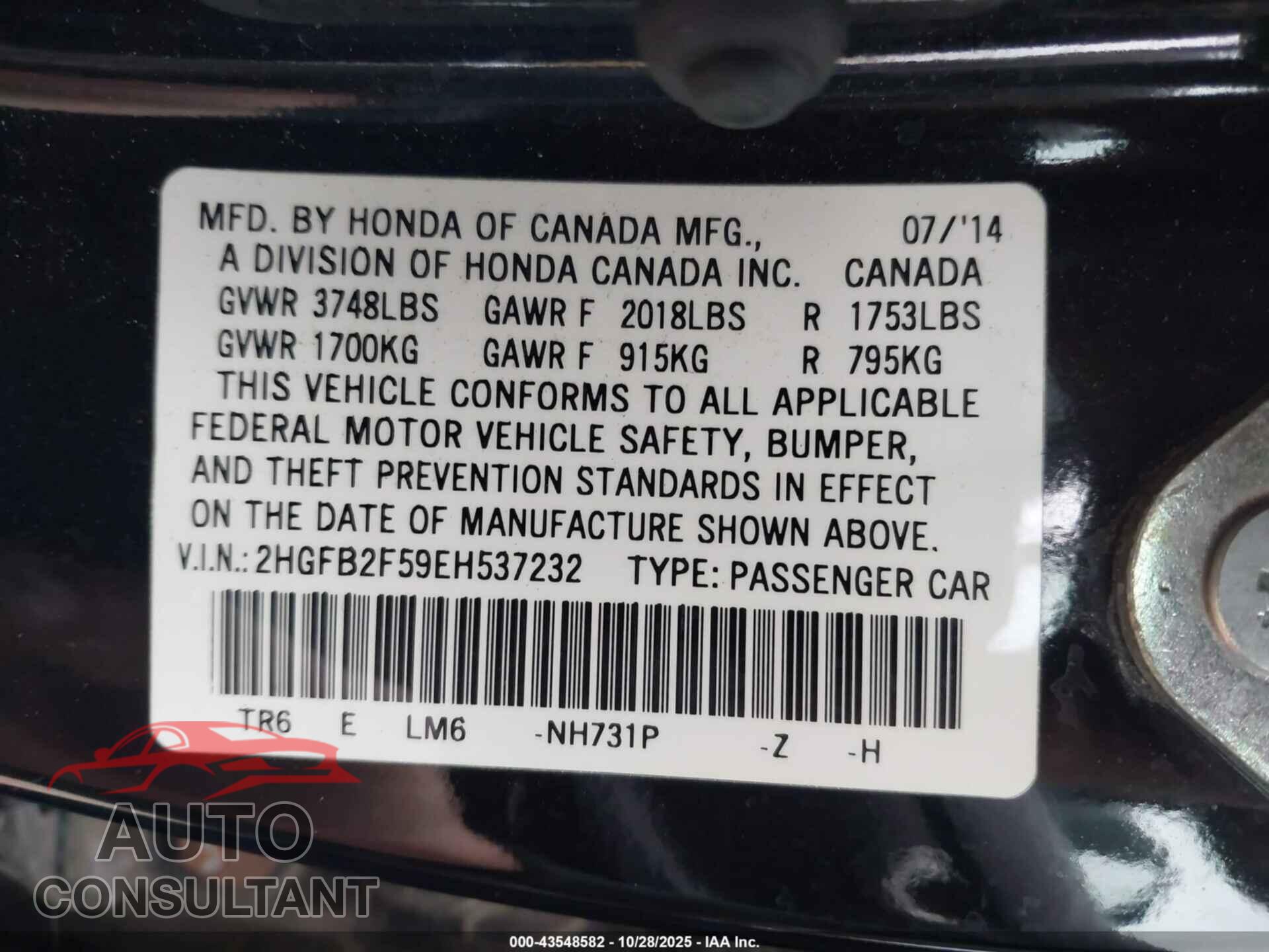 HONDA CIVIC 2014 - 2HGFB2F59EH537232