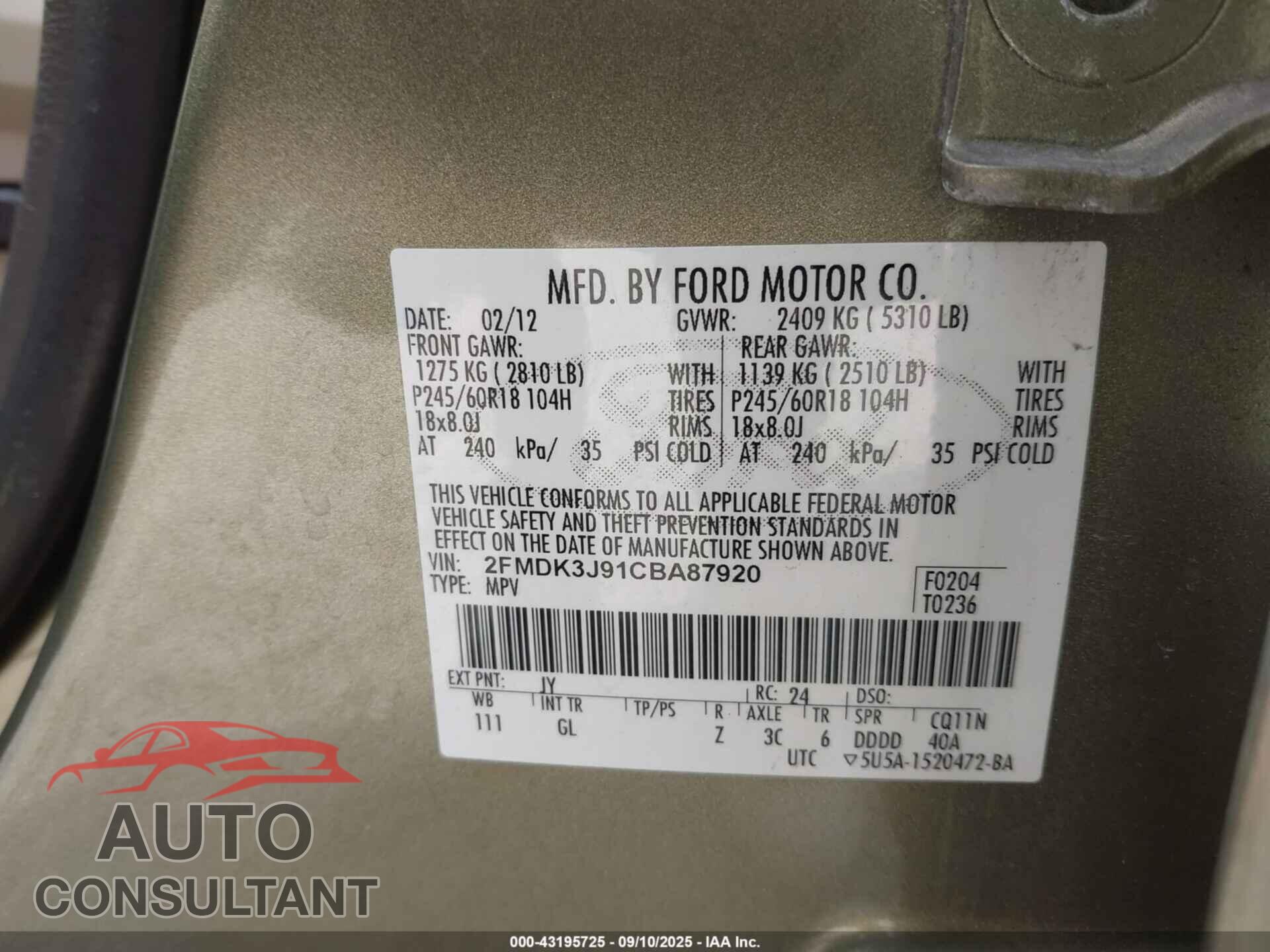 FORD EDGE 2012 - 2FMDK3J91CBA87920