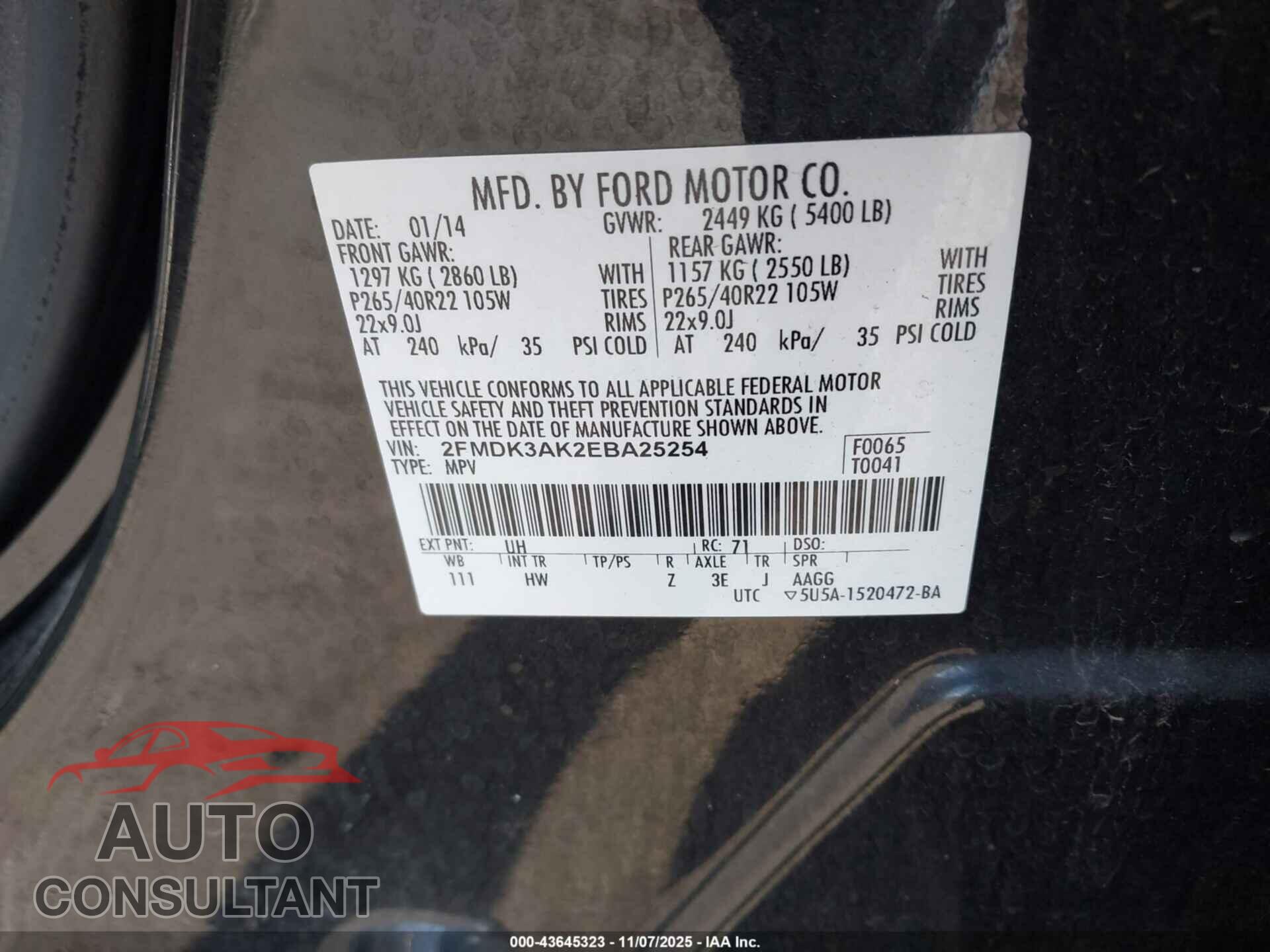 FORD EDGE 2014 - 2FMDK3AK2EBA25254