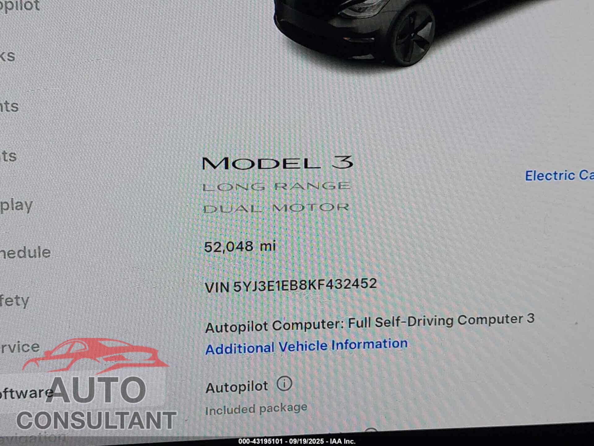 TESLA MODEL 3 2019 - 5YJ3E1EB8KF432452