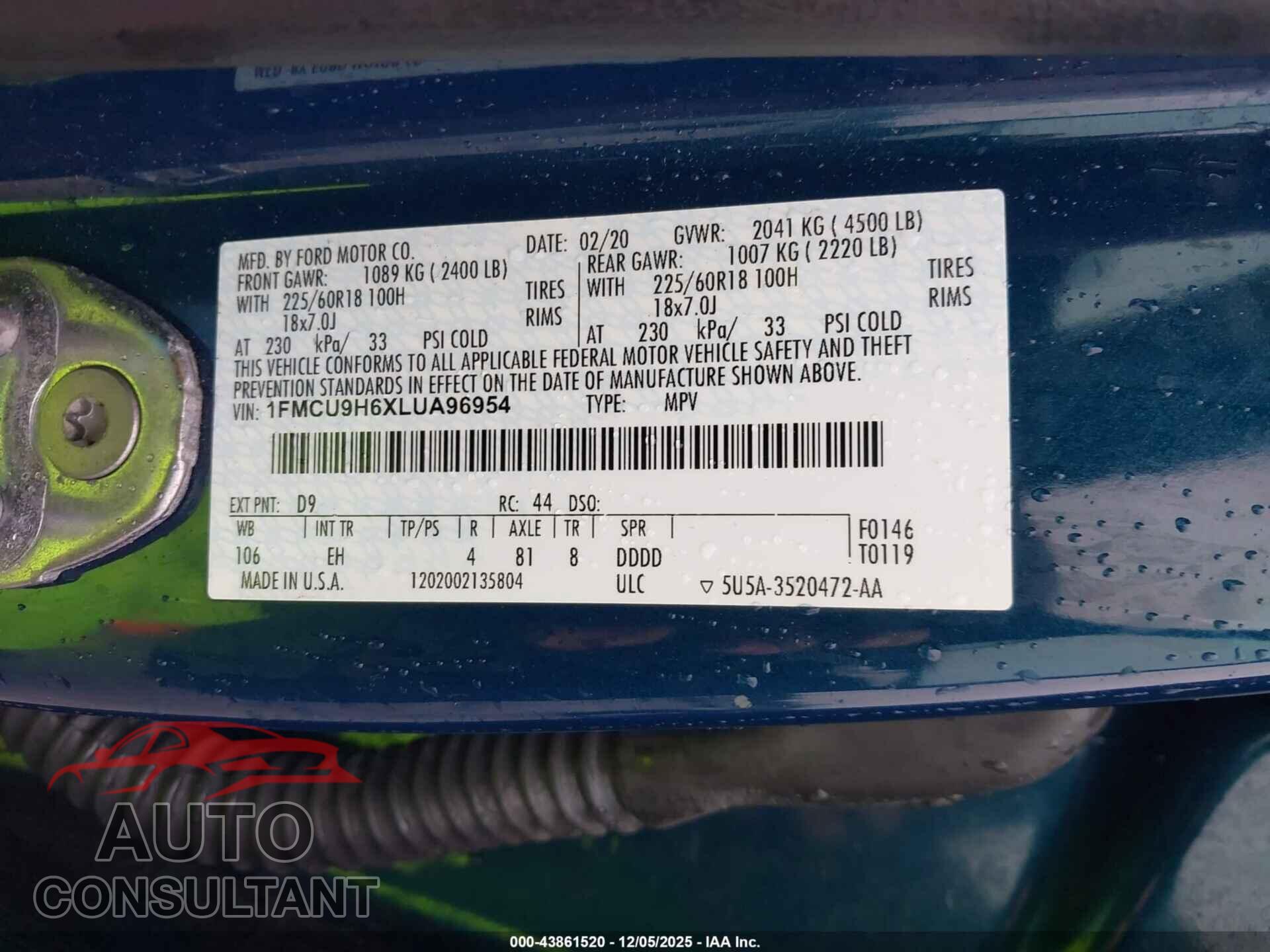FORD ESCAPE 2020 - 1FMCU9H6XLUA96954