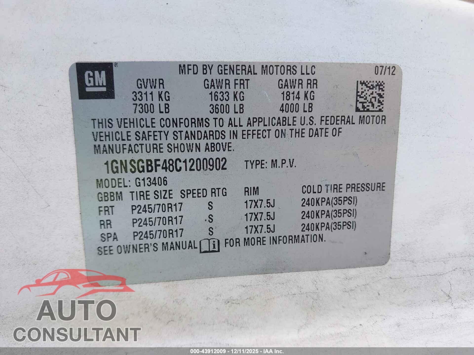CHEVROLET EXPRESS 1500 2012 - 1GNSGBF48C1200902