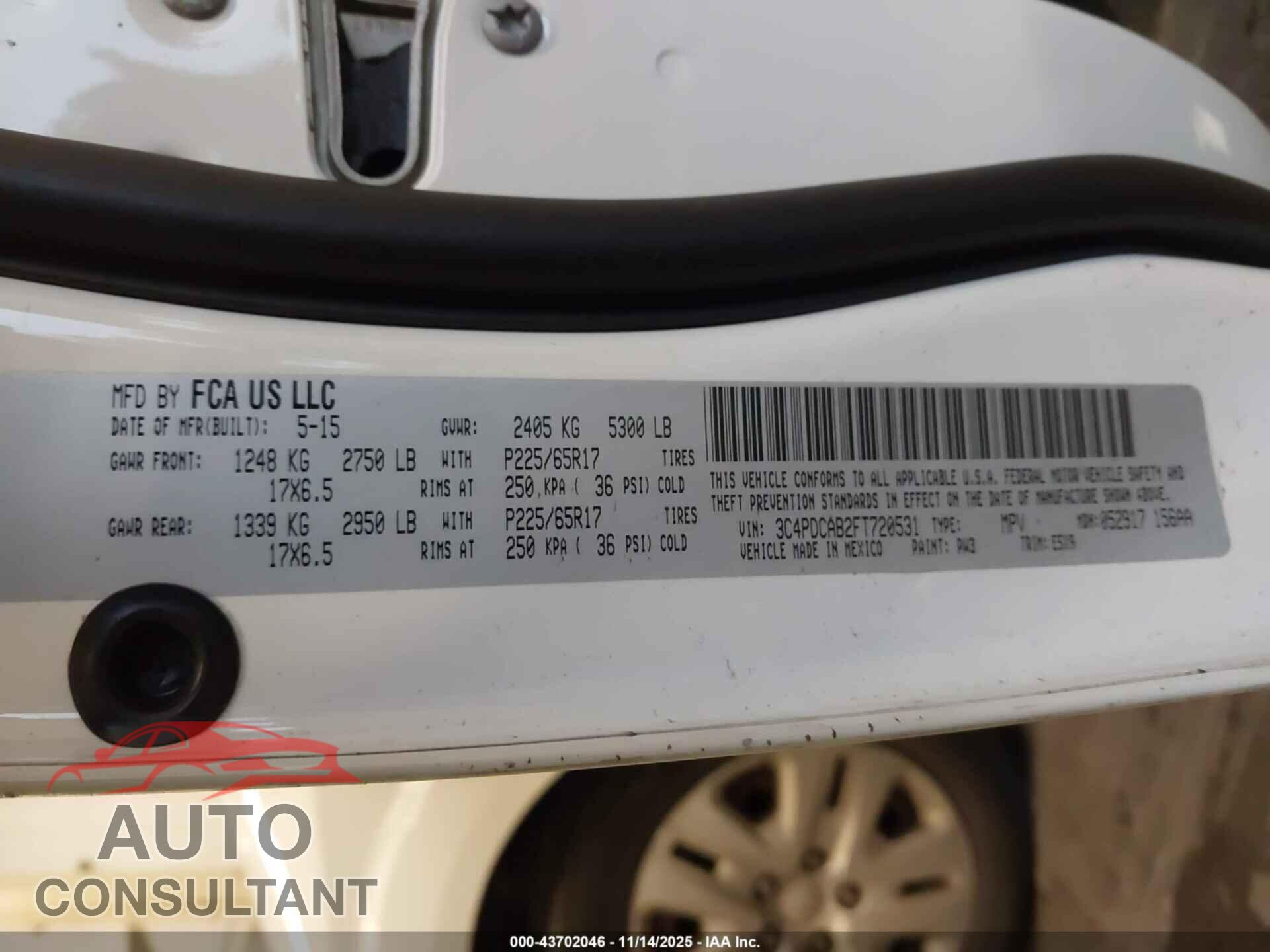 DODGE JOURNEY 2015 - 3C4PDCAB2FT720531