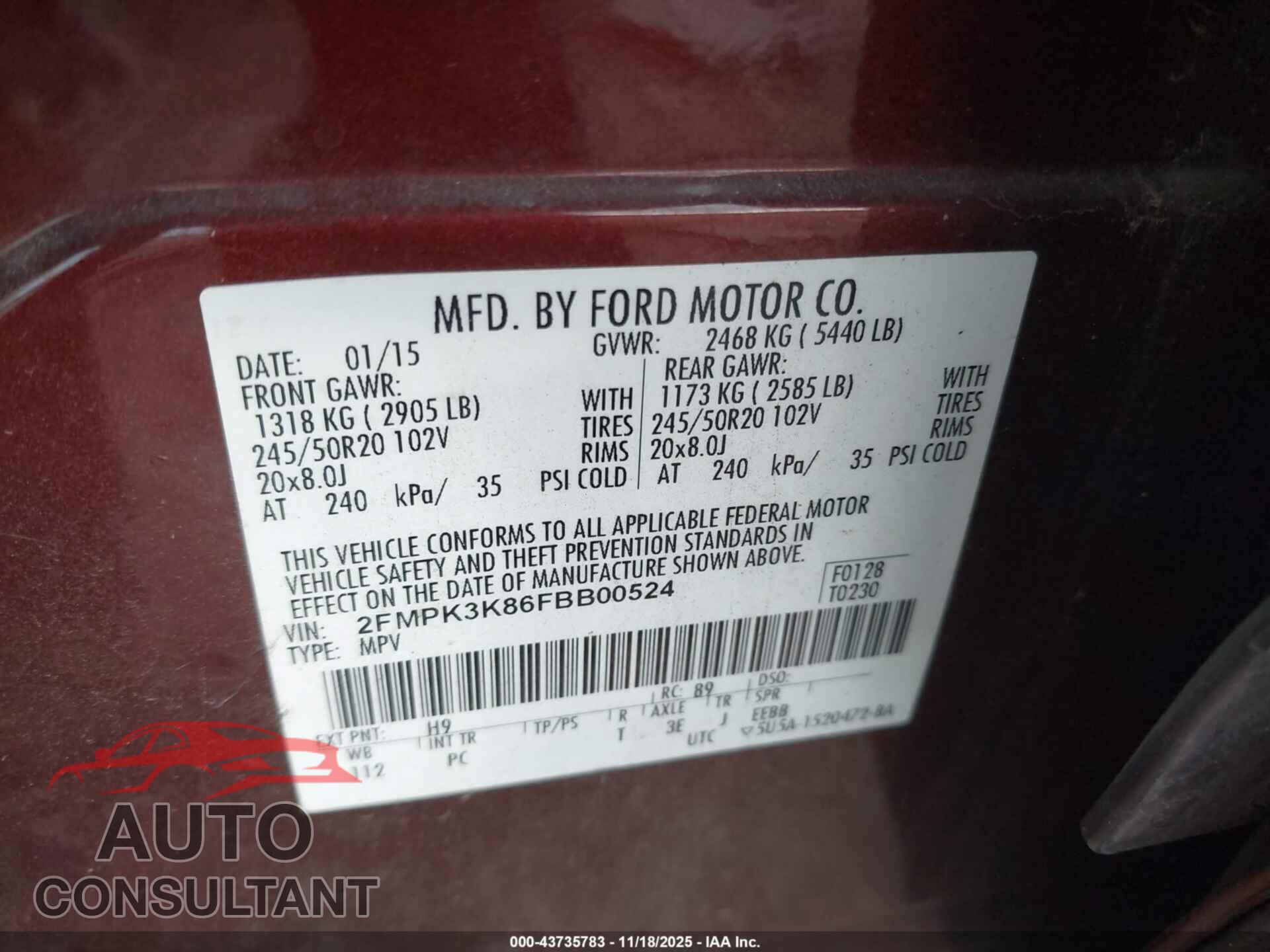 FORD EDGE 2015 - 2FMPK3K86FBB00524
