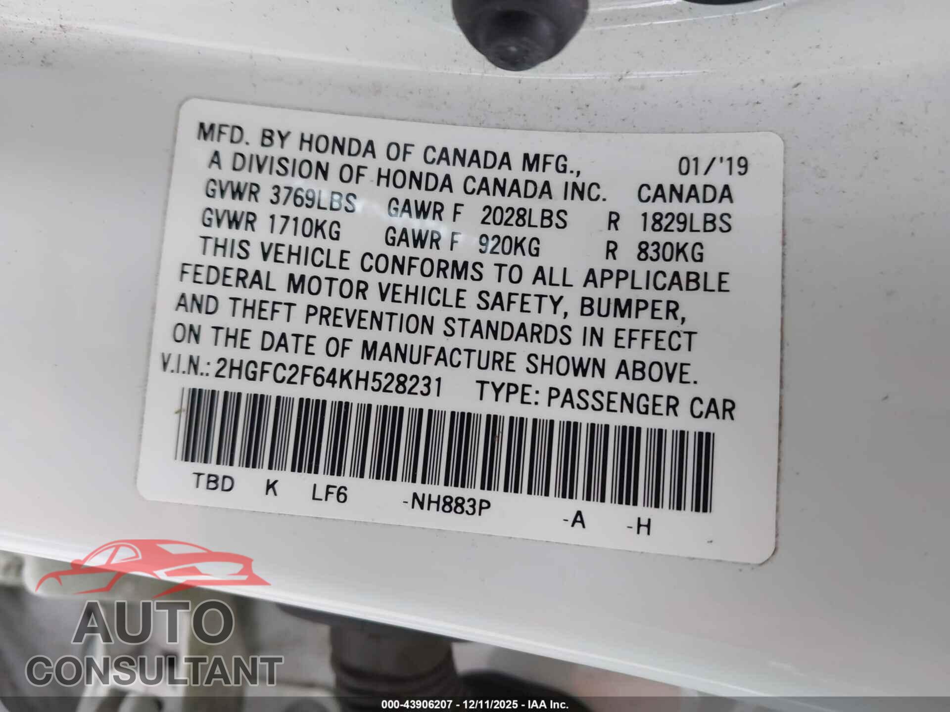 HONDA CIVIC 2019 - 2HGFC2F64KH528231