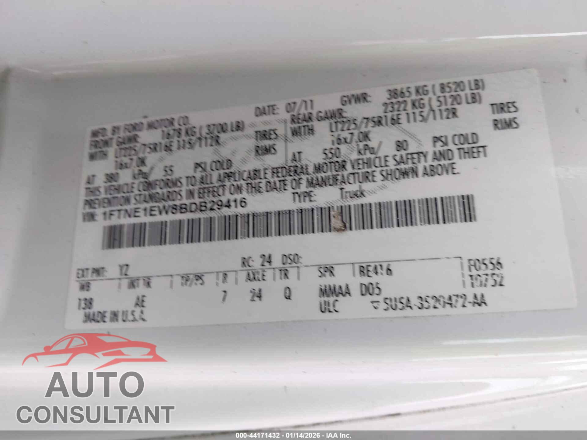 FORD E-150 2011 - 1FTNE1EW8BDB29416