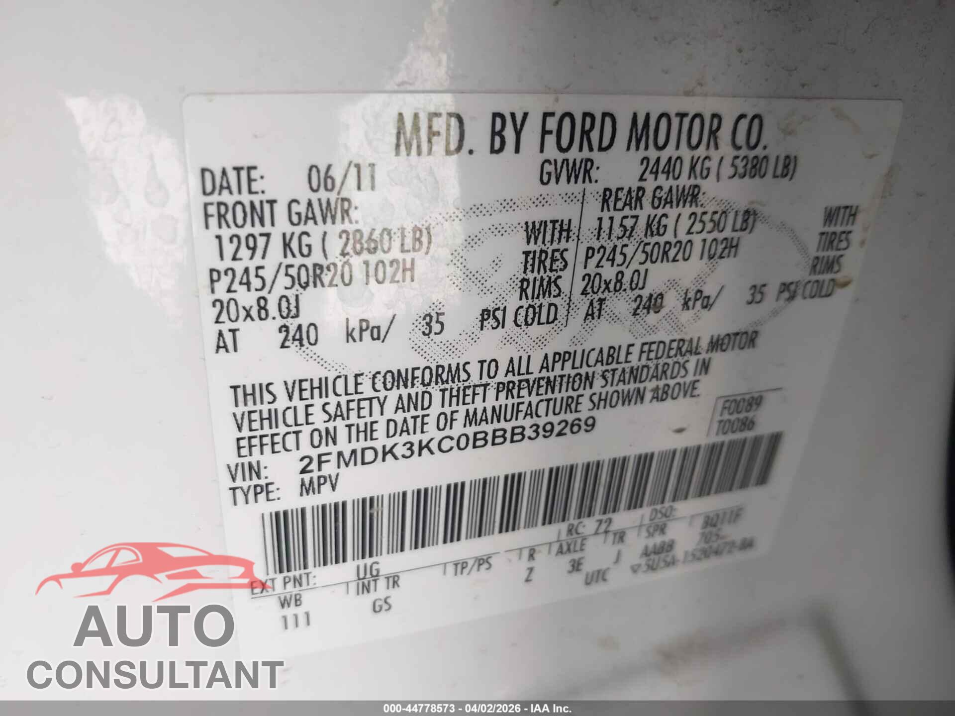 FORD EDGE 2011 - 2FMDK3KC0BBB39269
