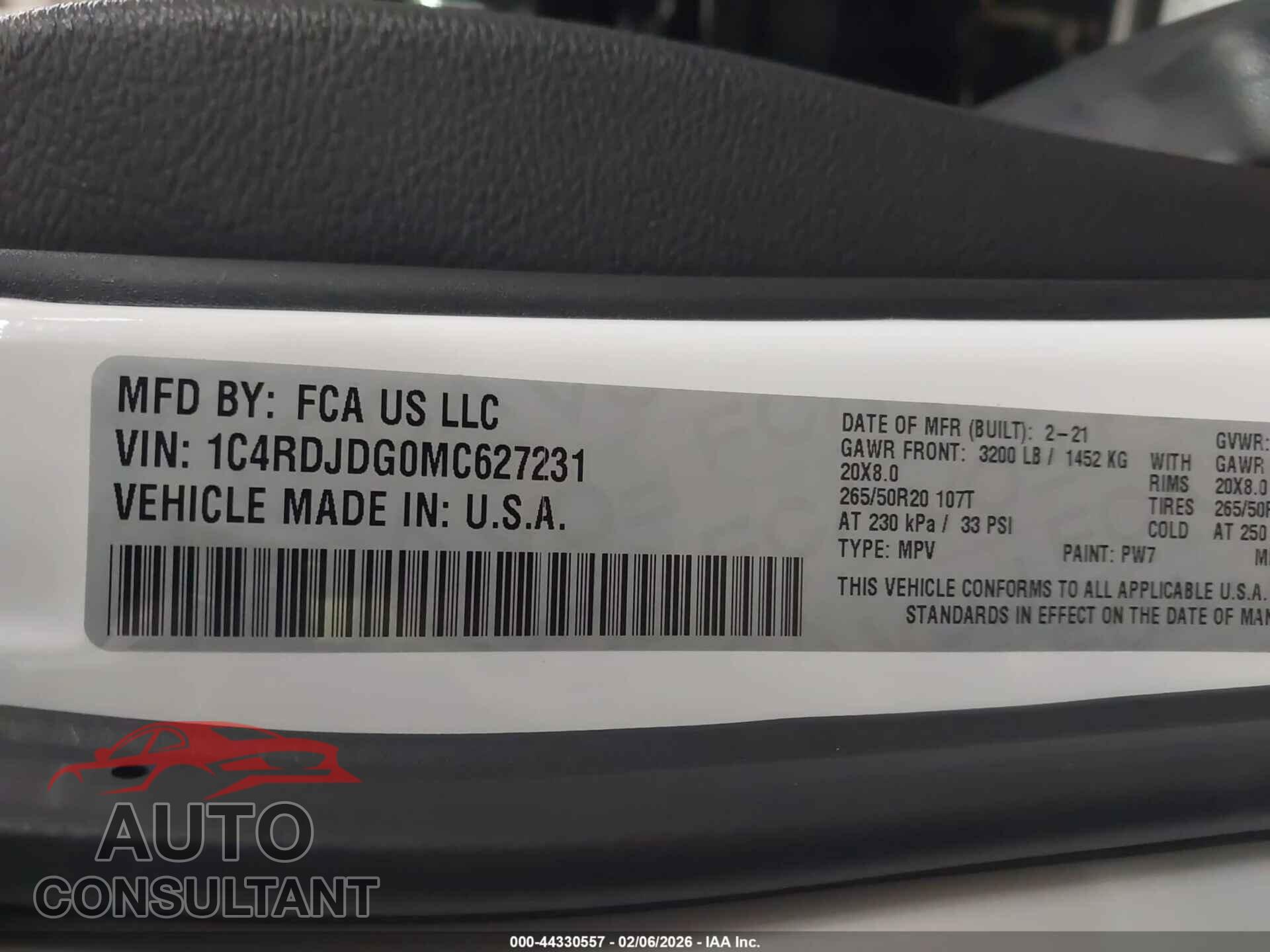 DODGE DURANGO 2021 - 1C4RDJDG0MC627231