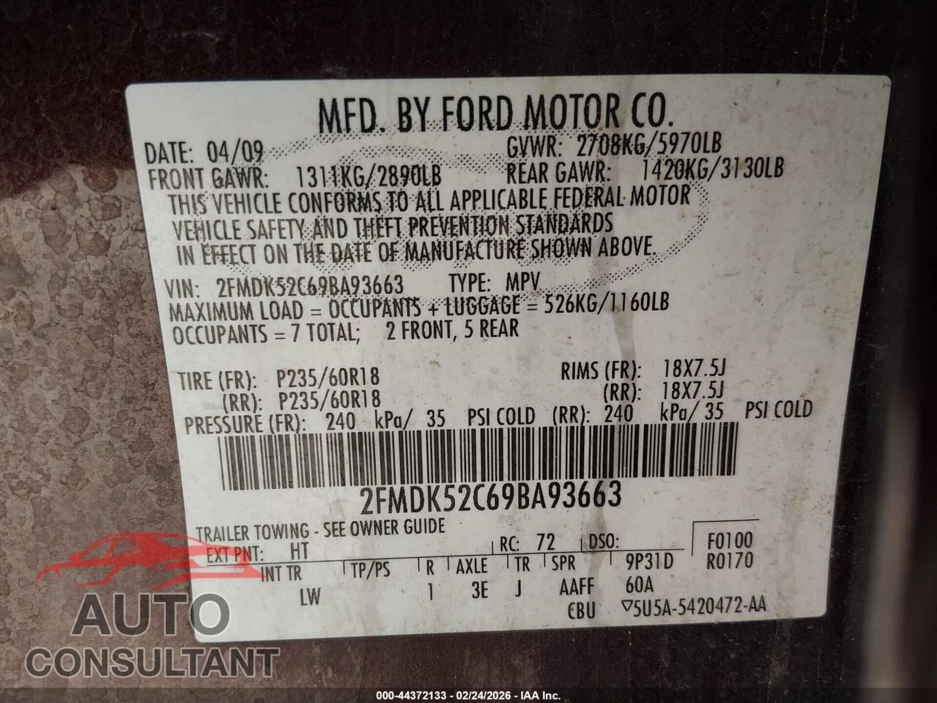 FORD FLEX 2009 - 2FMDK52C69BA93663