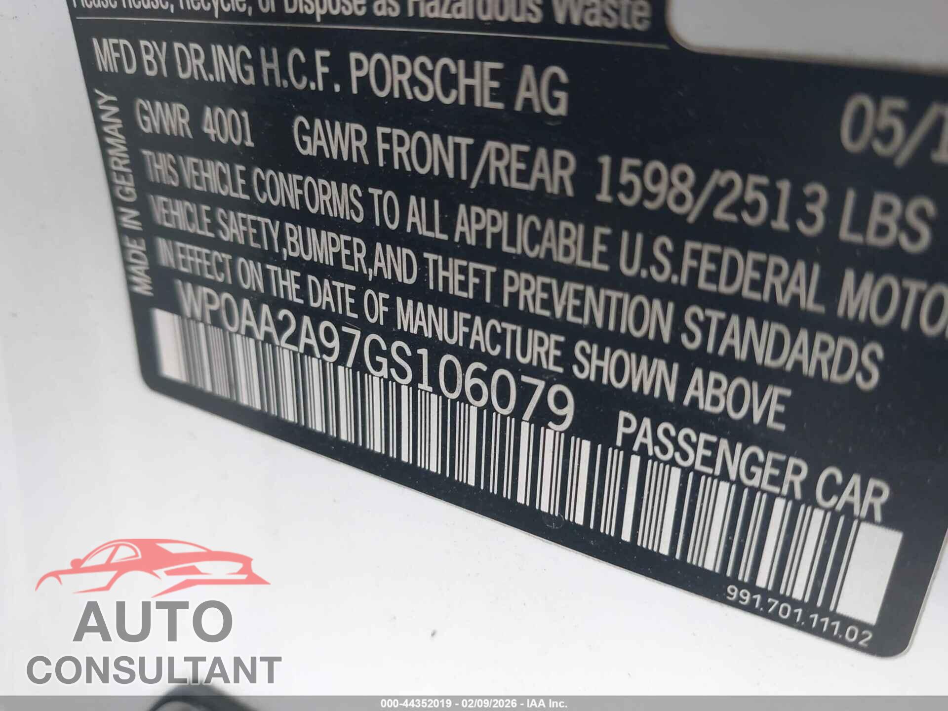 PORSCHE 911 2016 - WP0AA2A97GS106079