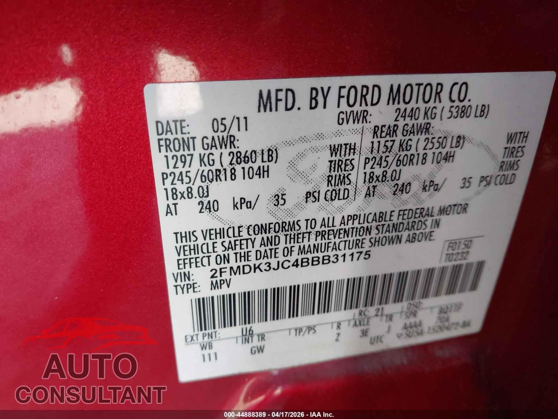 FORD EDGE 2011 - 2FMDK3JC4BBB31175