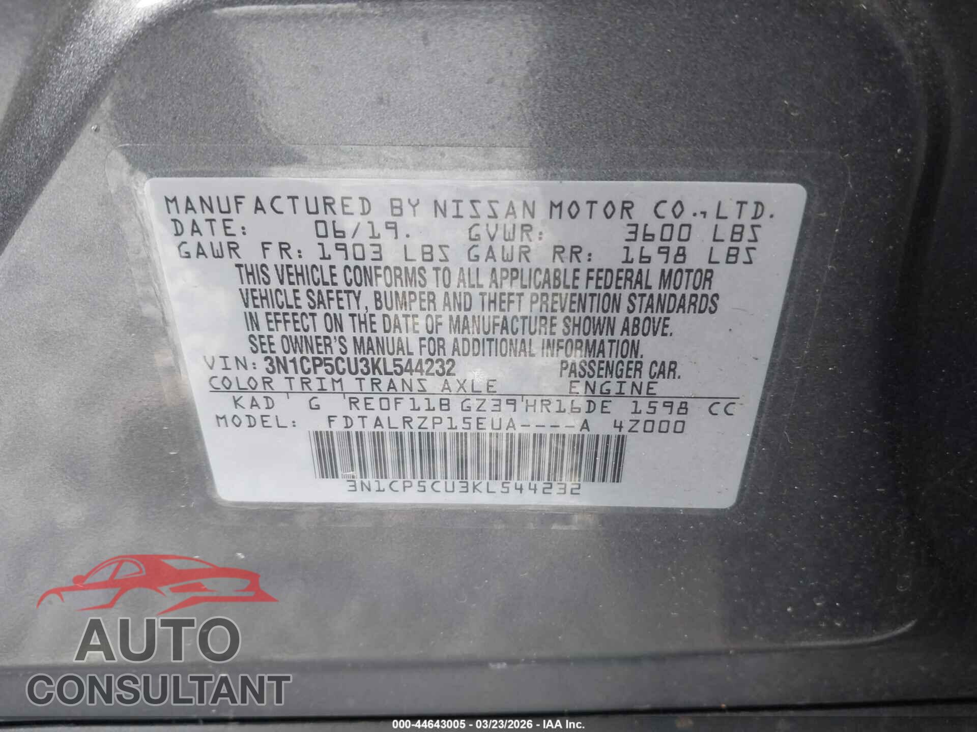 NISSAN KICKS 2019 - 3N1CP5CU3KL544232