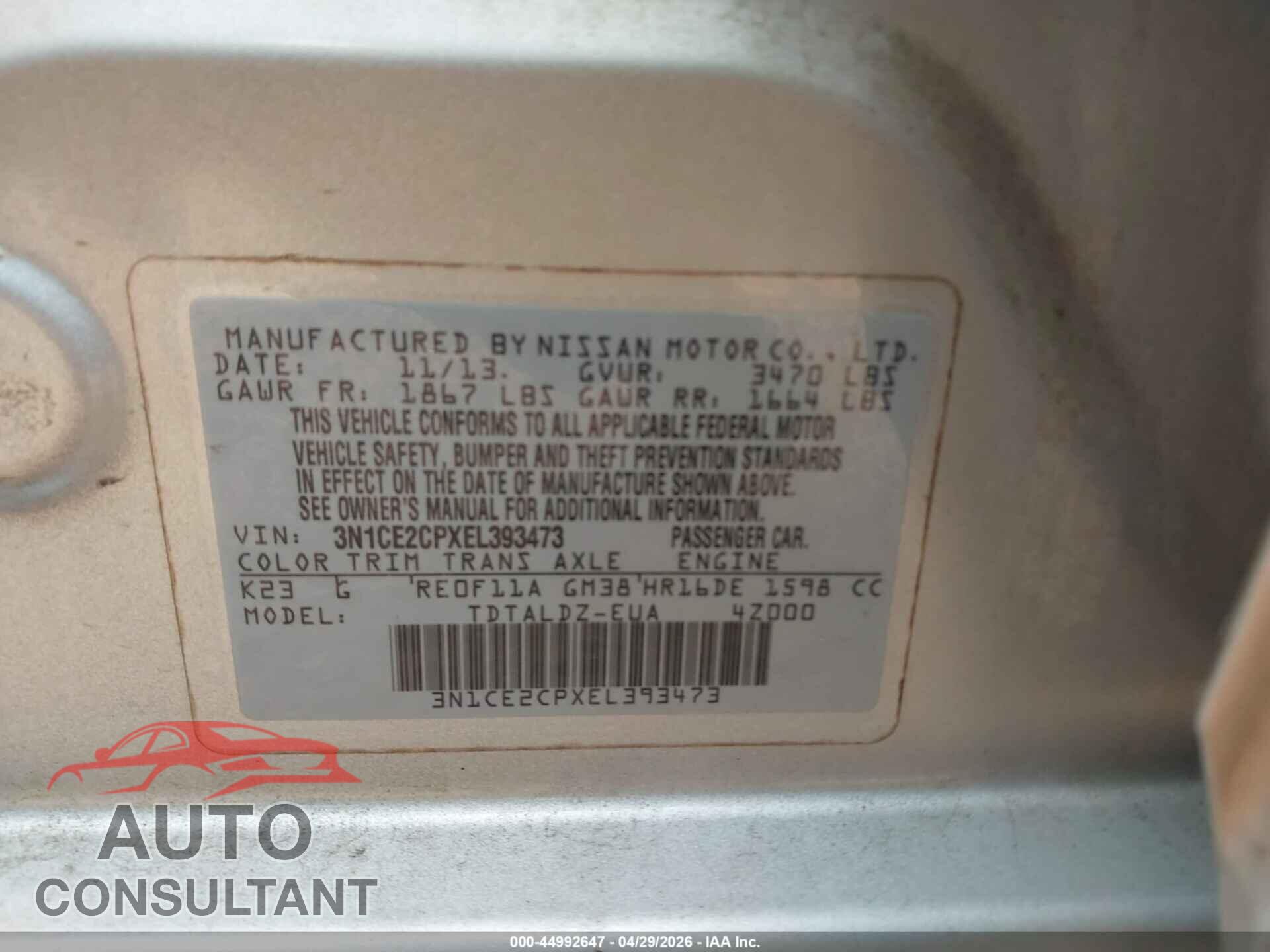 NISSAN VERSA NOTE 2014 - 3N1CE2CPXEL393473