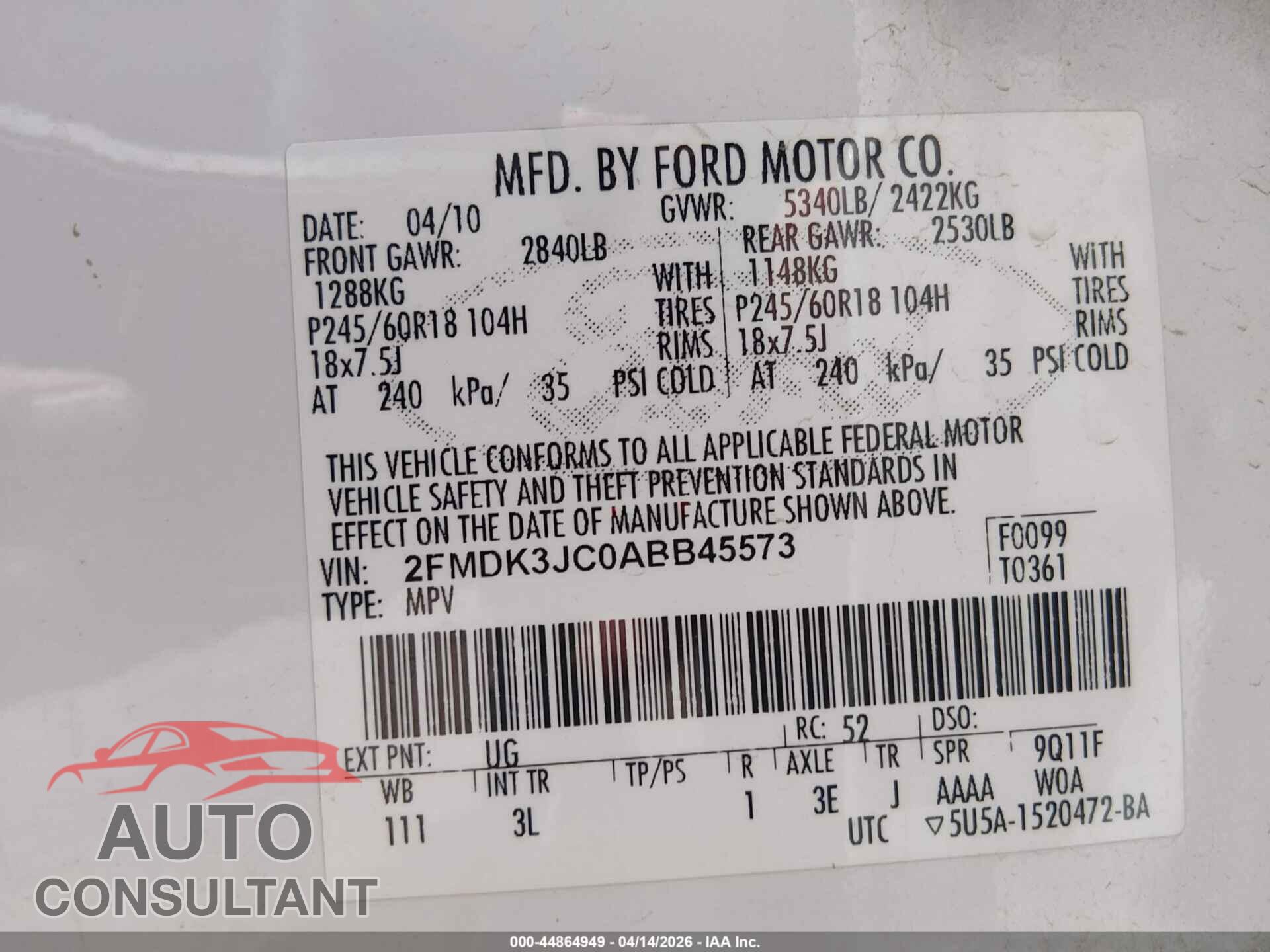 FORD EDGE 2010 - 2FMDK3JC0ABB45573