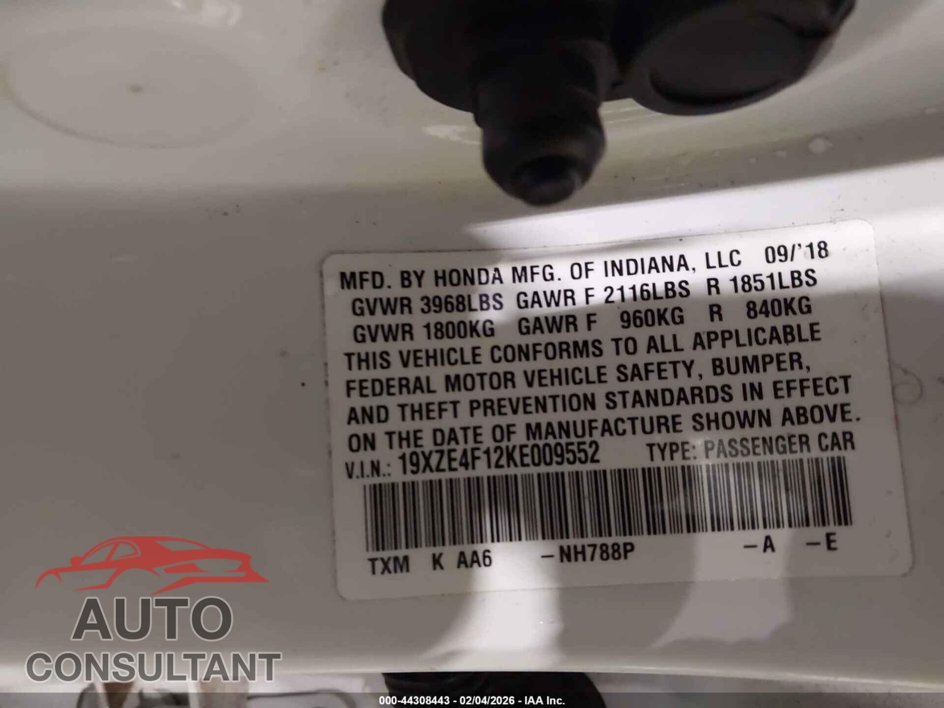 HONDA INSIGHT 2019 - 19XZE4F12KE009552