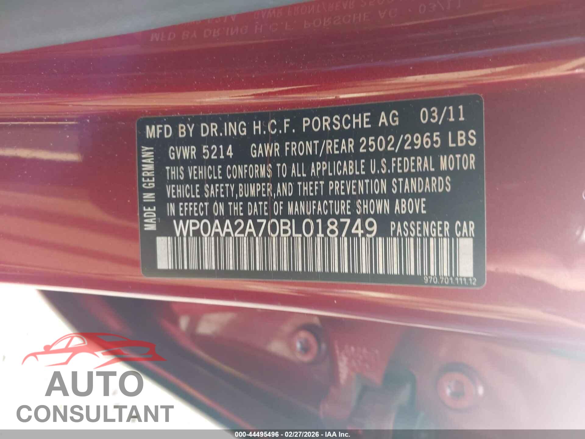 PORSCHE PANAMERA 2011 - WP0AA2A70BL018749