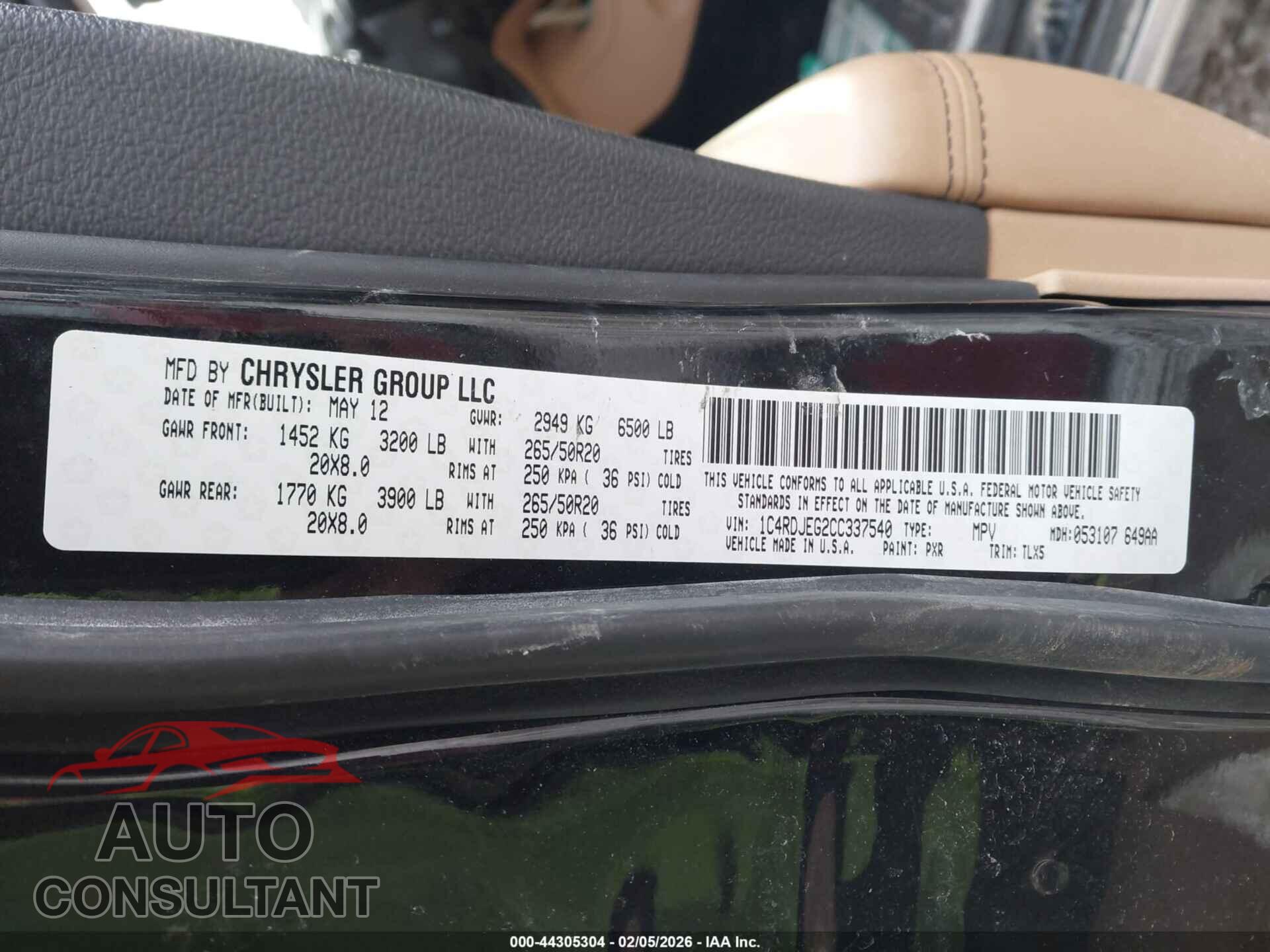 DODGE DURANGO 2012 - 1C4RDJEG2CC337540