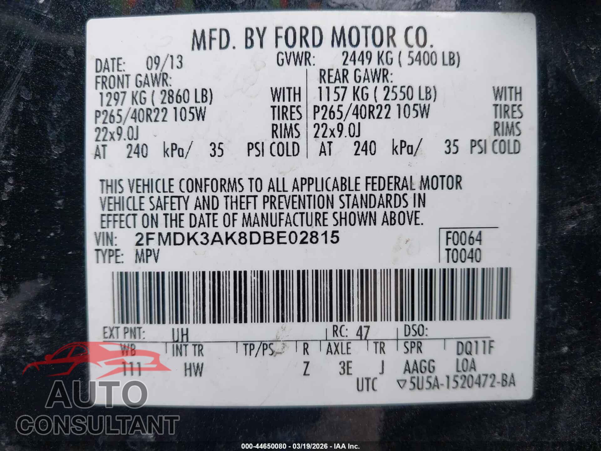 FORD EDGE 2013 - 2FMDK3AK8DBE02815