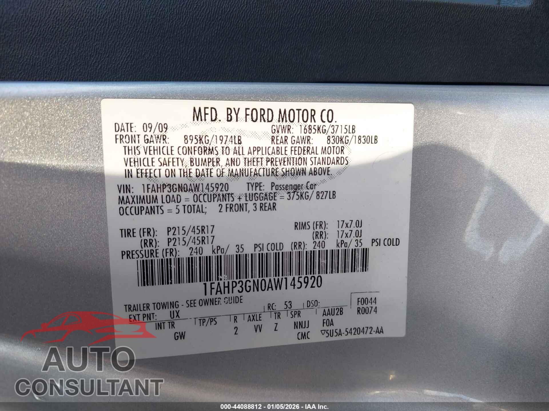 FORD FOCUS 2010 - 1FAHP3GN0AW145920
