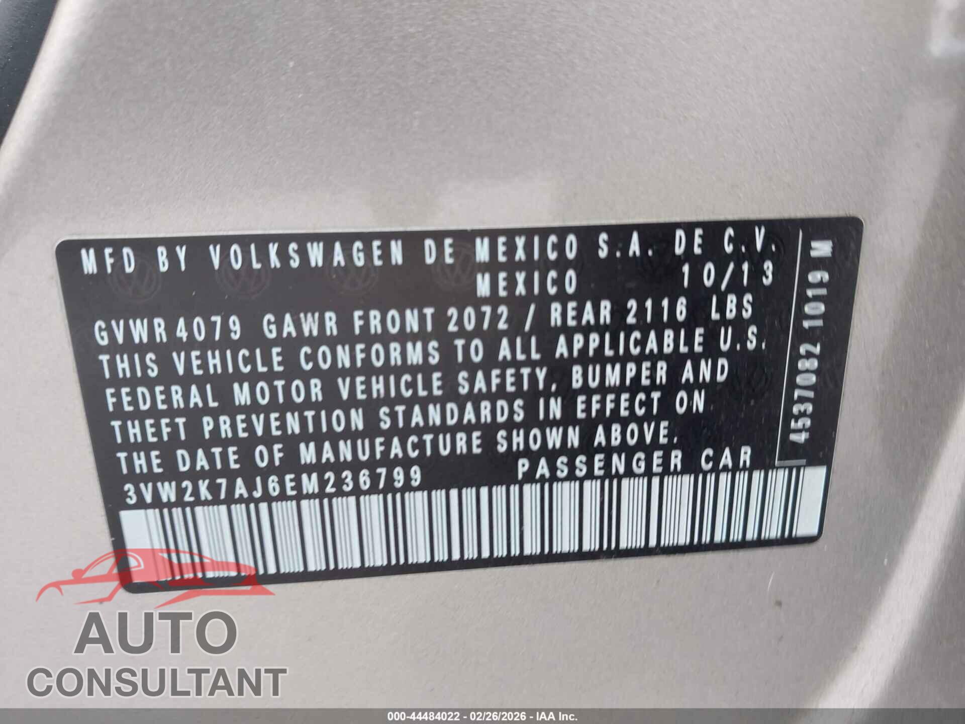 VOLKSWAGEN JETTA 2014 - 3VW2K7AJ6EM236799