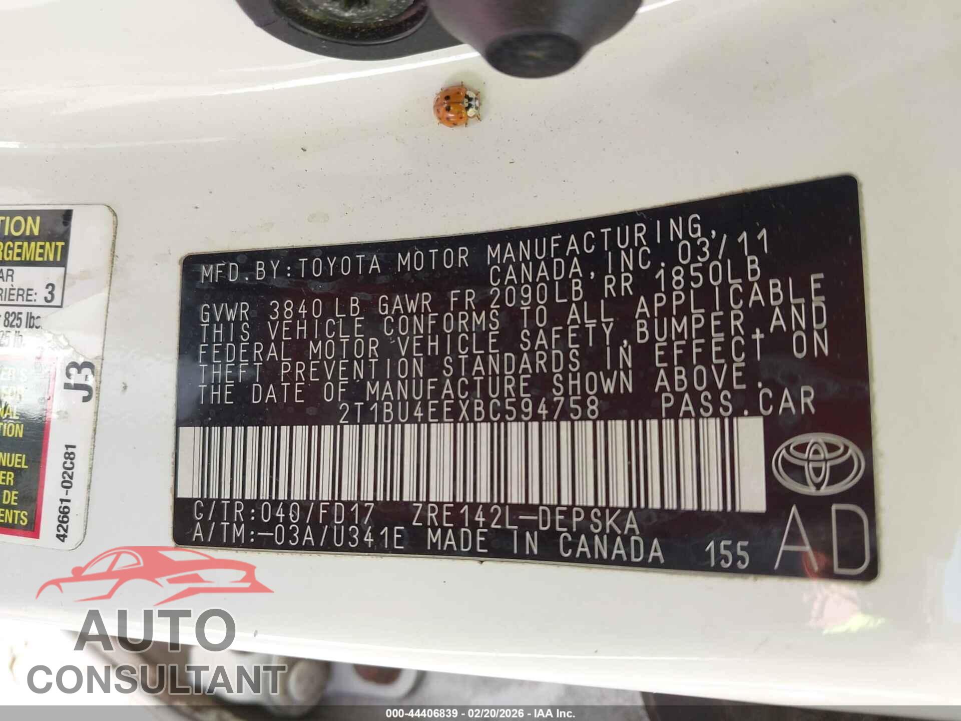 TOYOTA COROLLA 2011 - 2T1BU4EEXBC594758