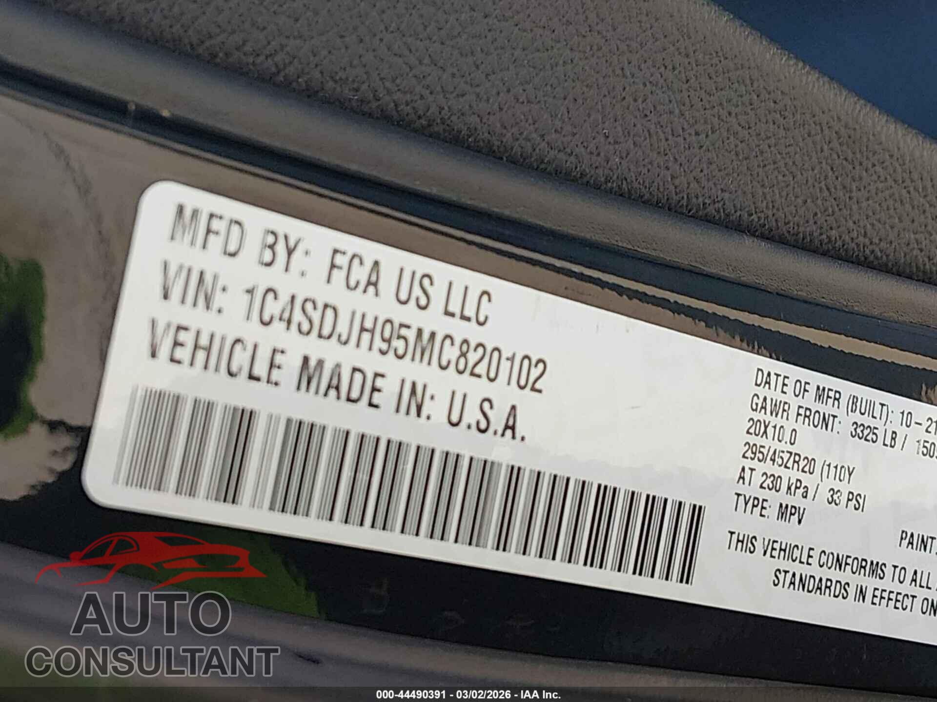 DODGE DURANGO 2021 - 1C4SDJH95MC820102