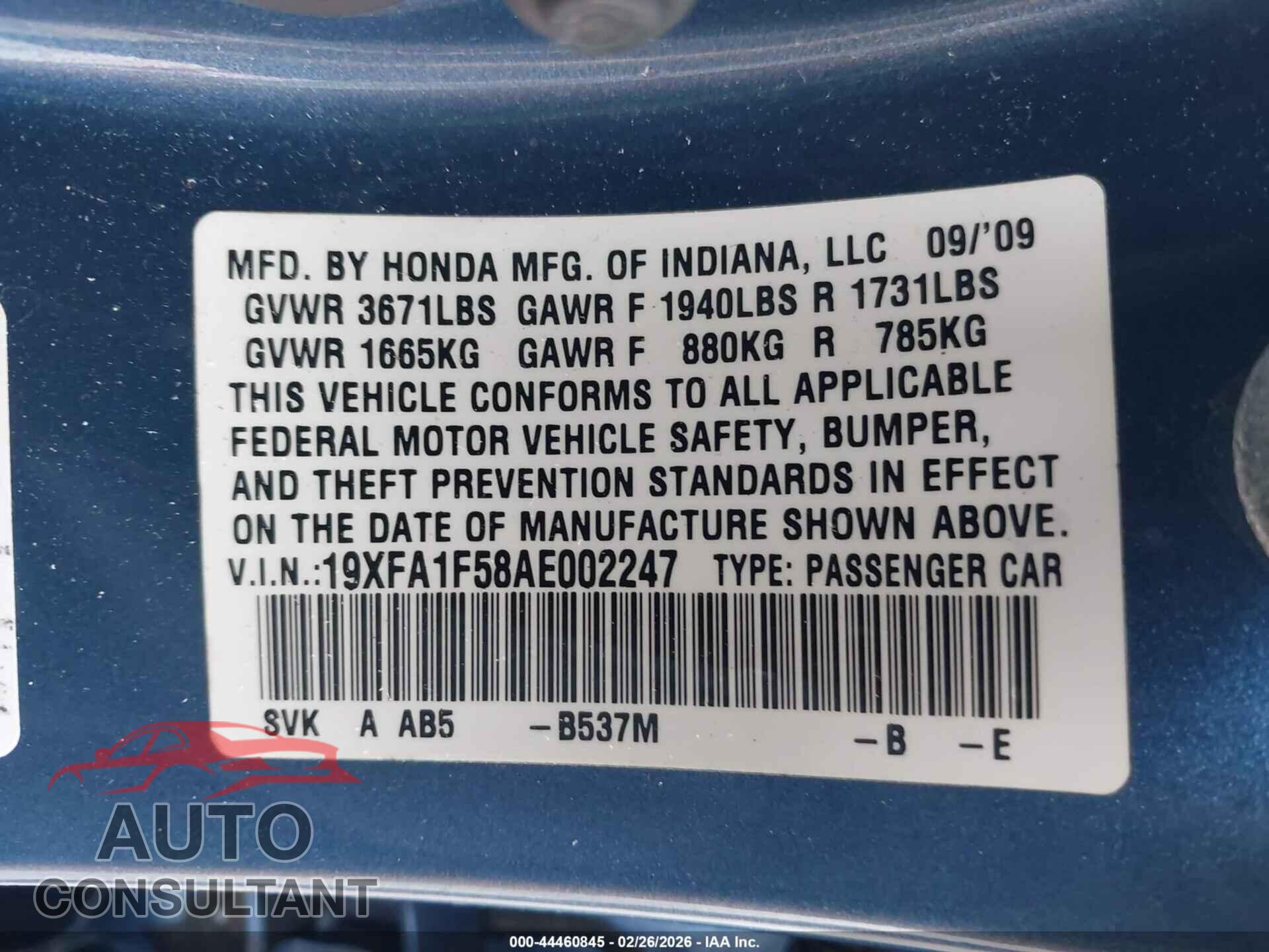 HONDA CIVIC 2010 - 19XFA1F58AE002247