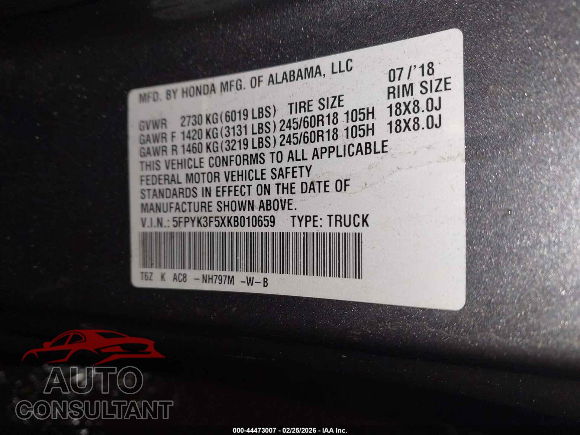 HONDA RIDGELINE 2019 - 5FPYK3F5XKB010659