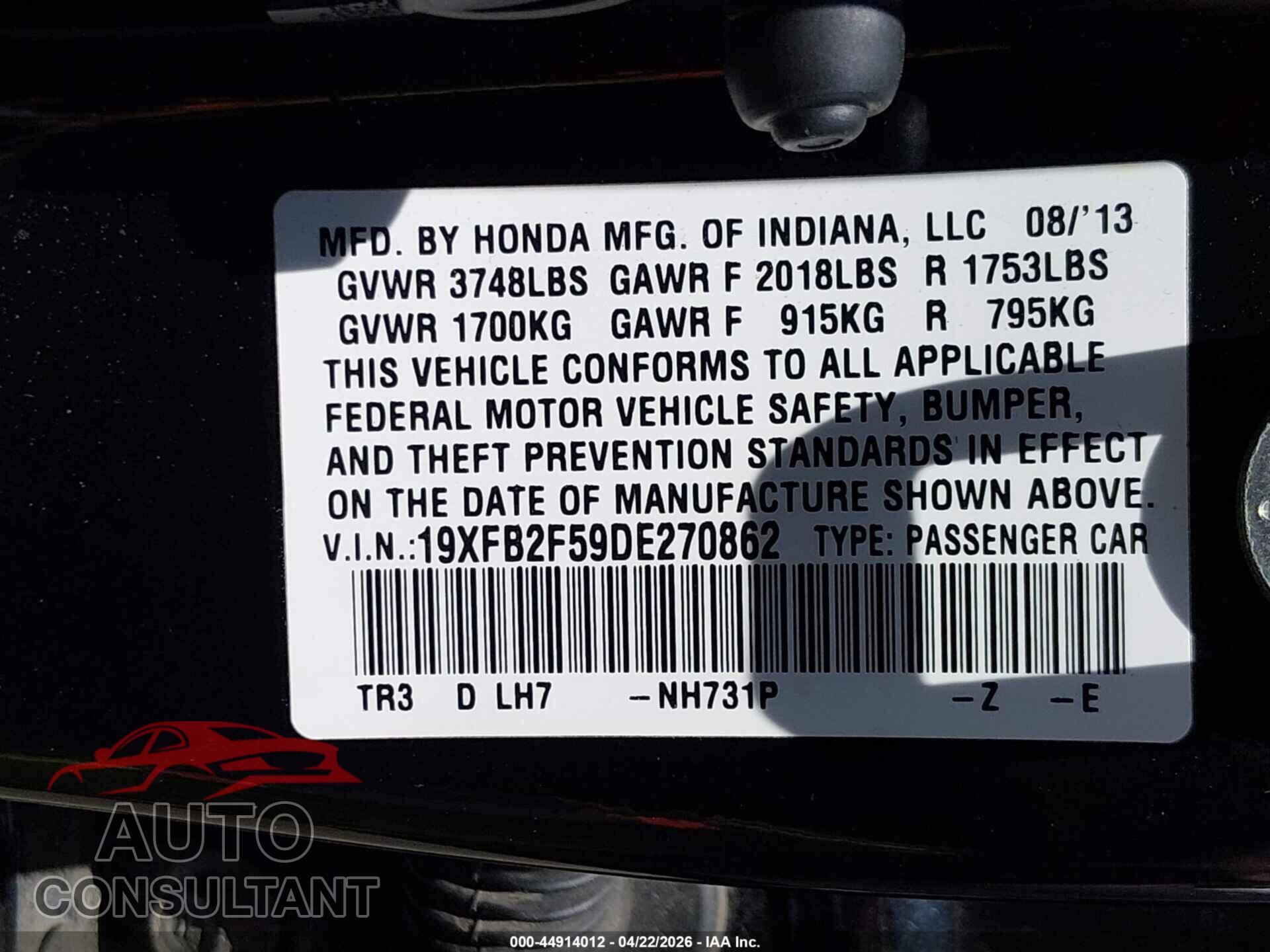 HONDA CIVIC 2013 - 19XFB2F59DE270862