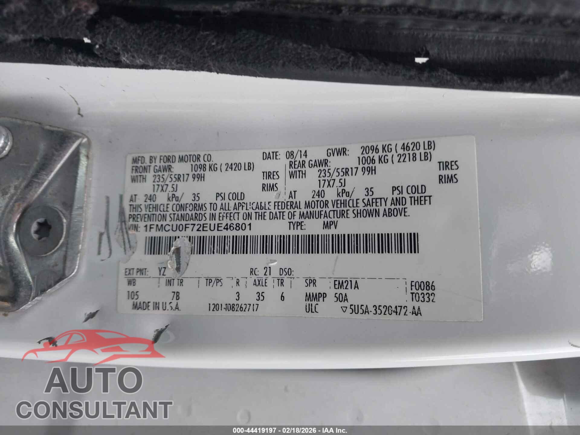 FORD ESCAPE 2014 - 1FMCU0F72EUE46801