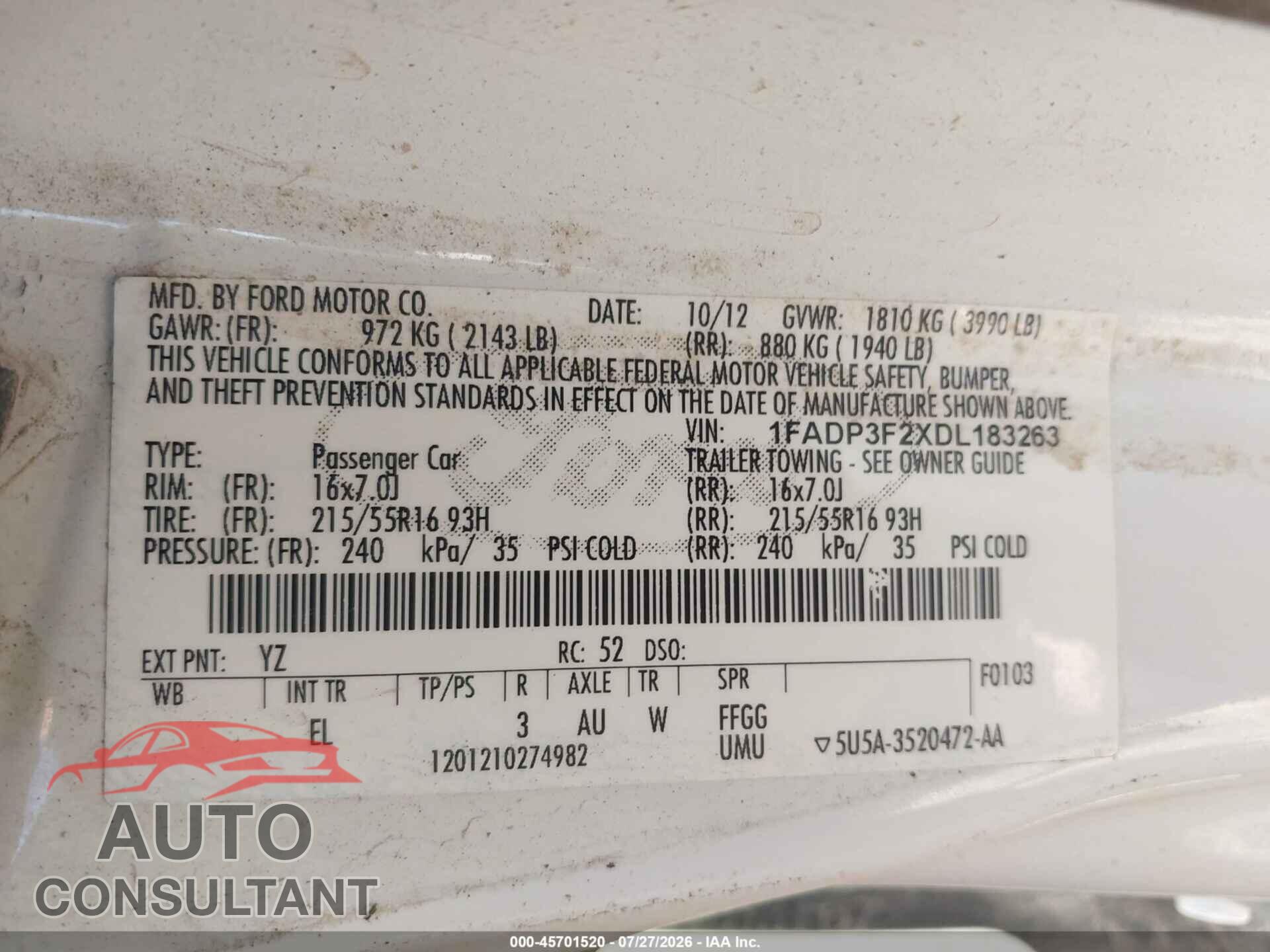 FORD FOCUS 2013 - 1FADP3F2XDL183263