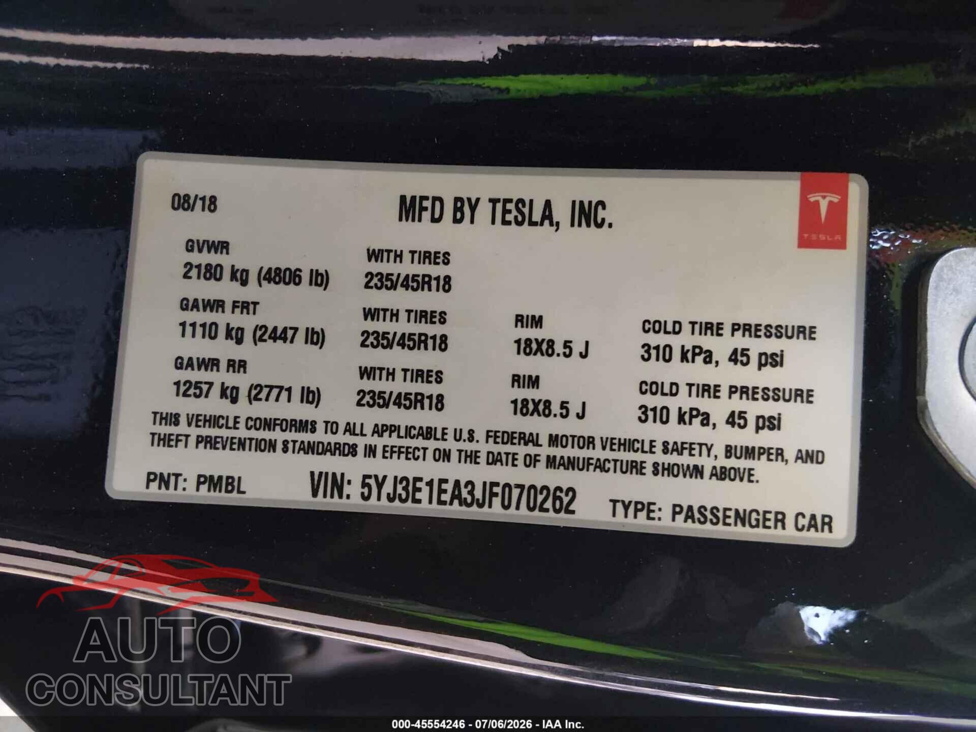 TESLA MODEL 3 2018 - 5YJ3E1EA3JF070262