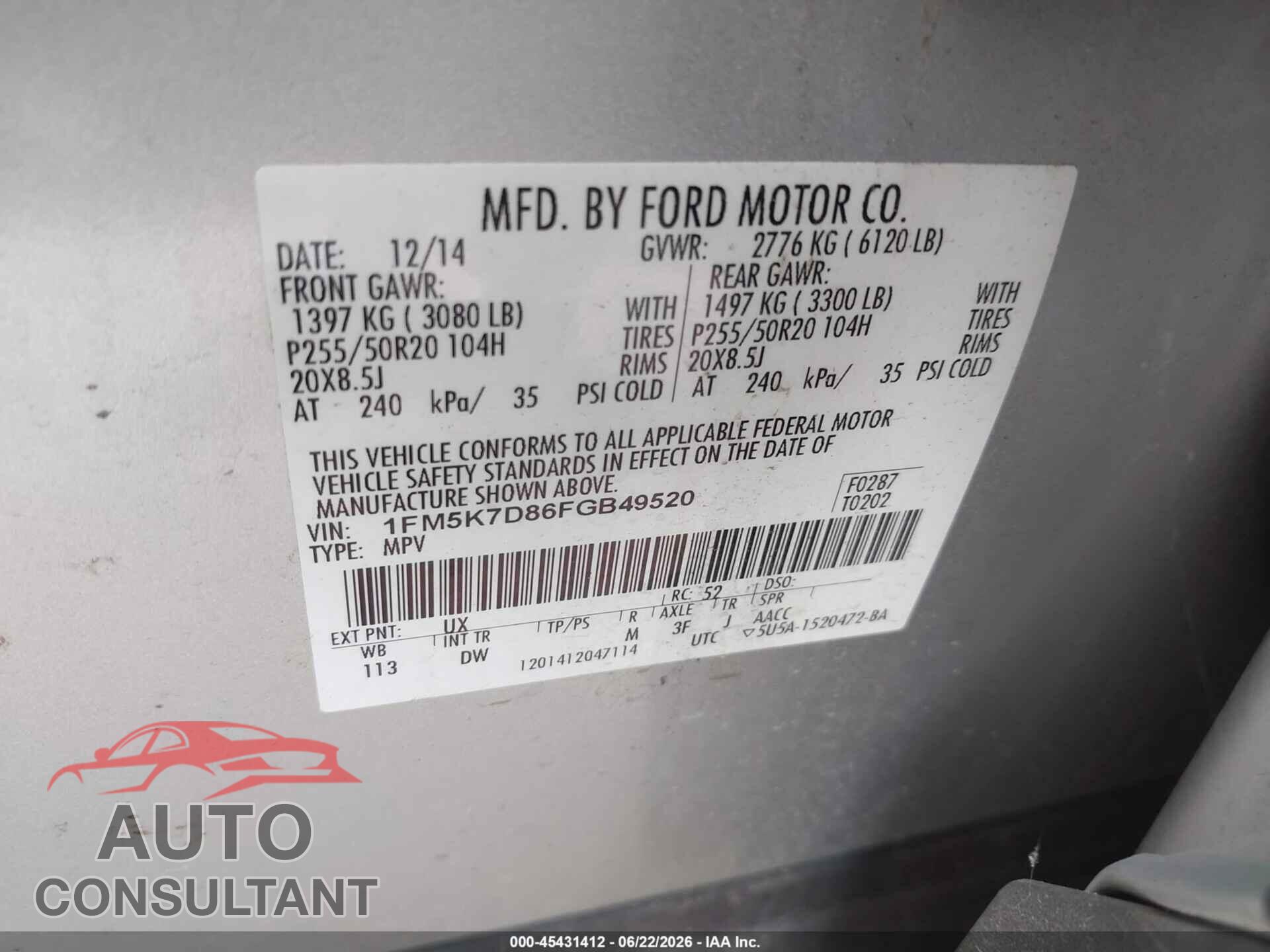 FORD EXPLORER 2015 - 1FM5K7D86FGB49520