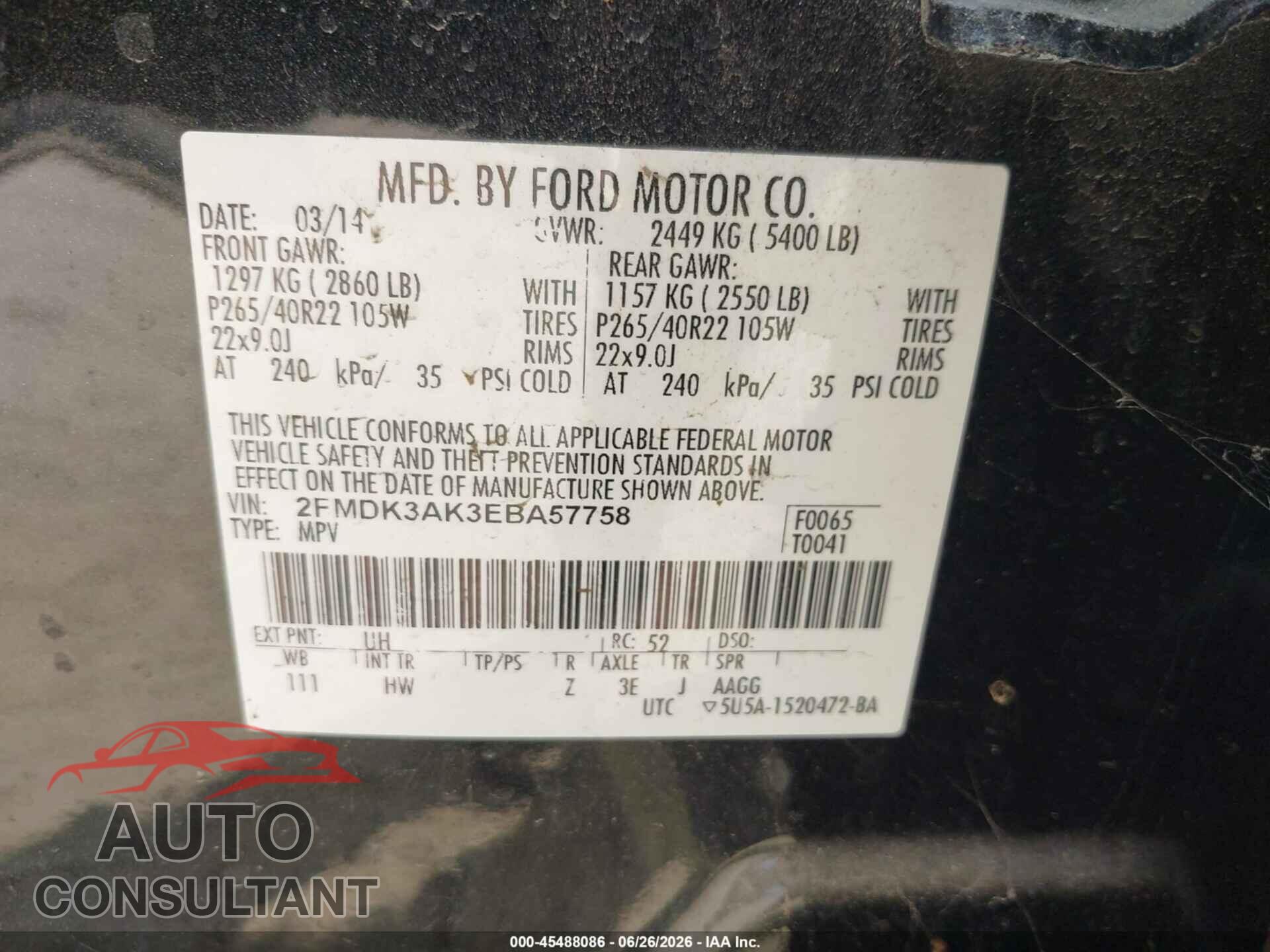 FORD EDGE 2014 - 2FMDK3AK3EBA57758