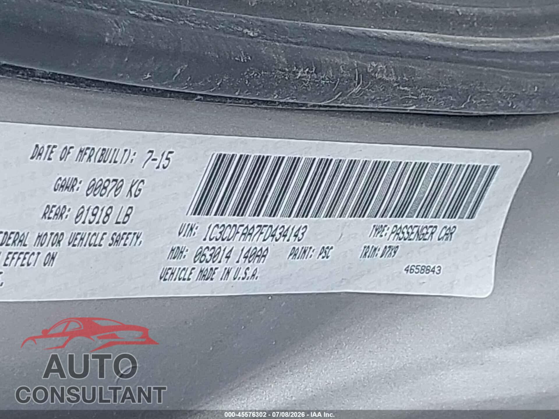 DODGE DART 2015 - 1C3CDFAA7FD434143