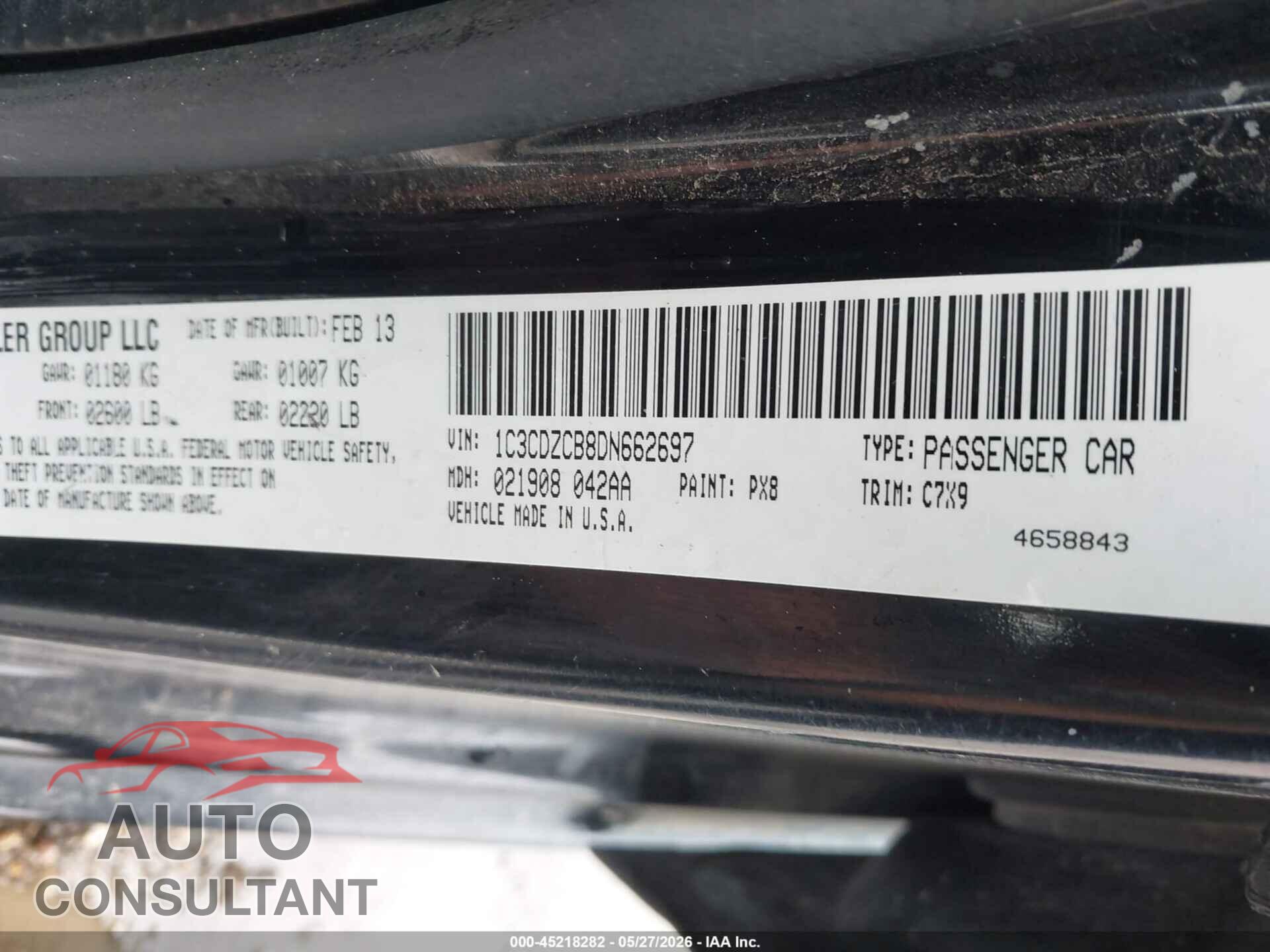 DODGE AVENGER 2013 - 1C3CDZCB8DN662697