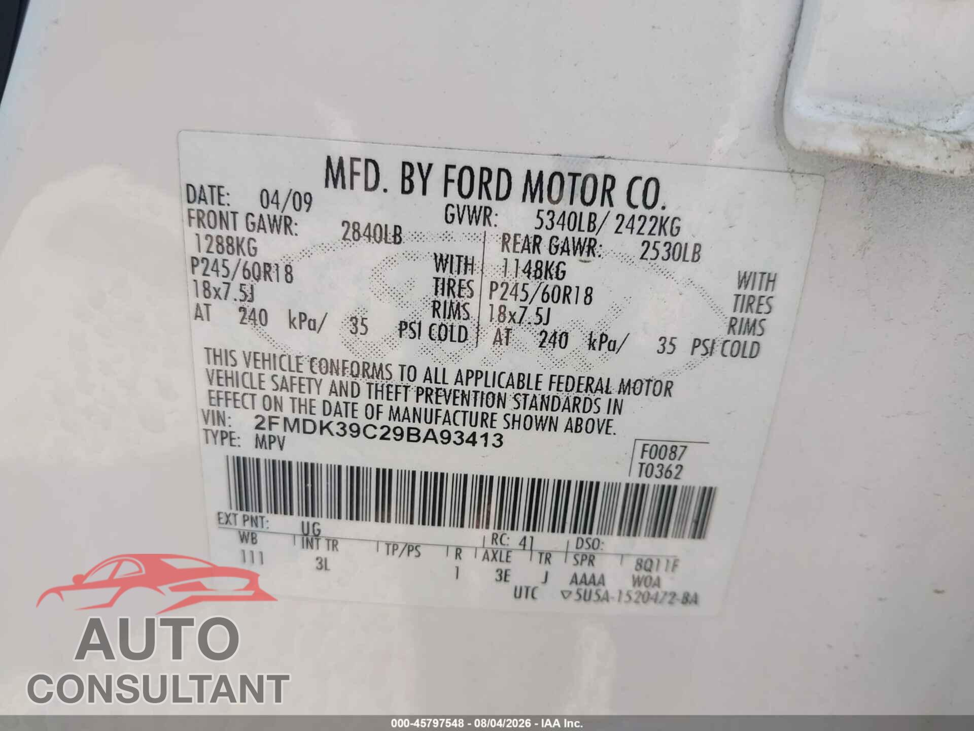 FORD EDGE 2009 - 2FMDK39C29BA93413