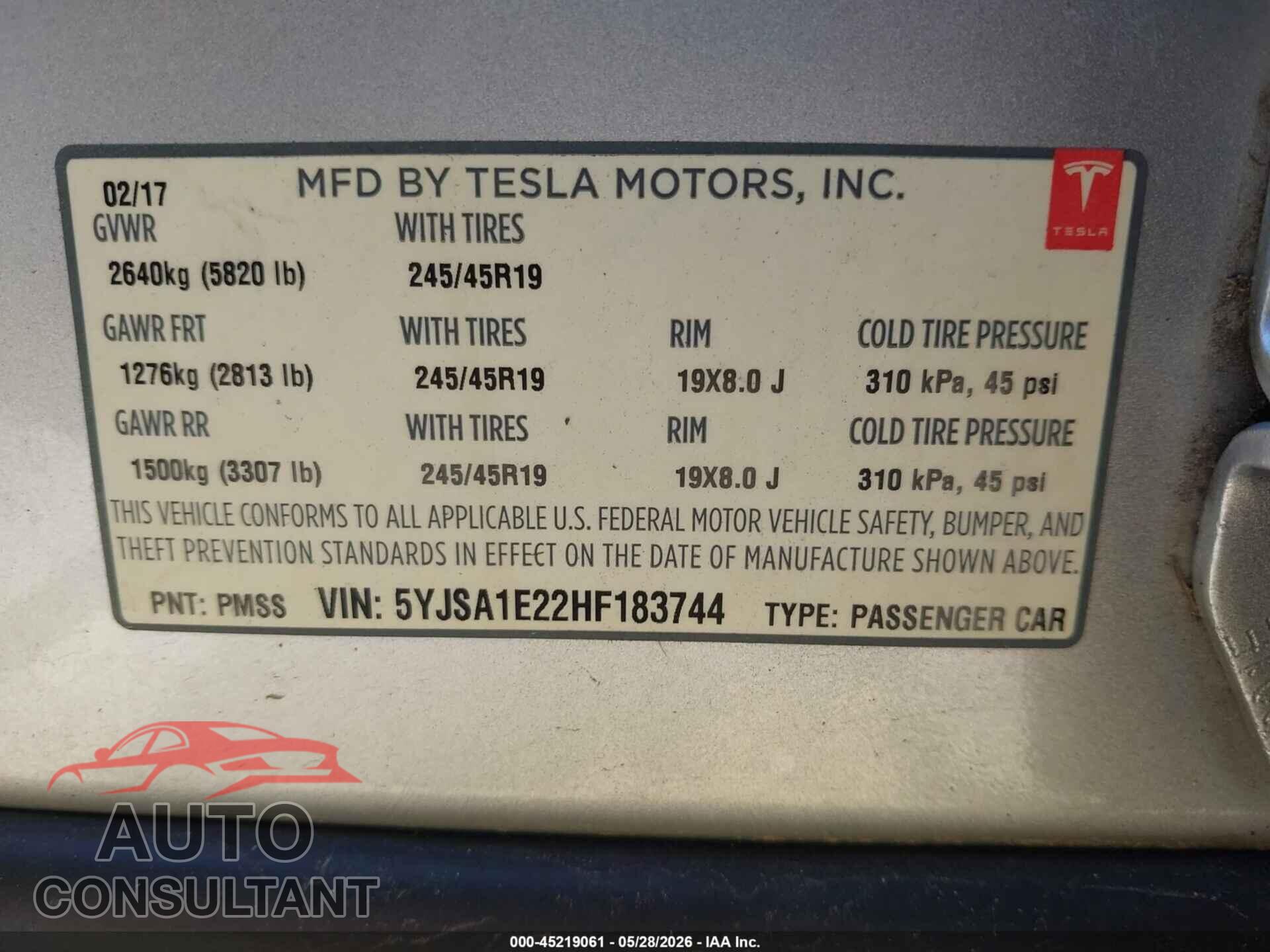 TESLA MODEL S 2017 - 5YJSA1E22HF183744