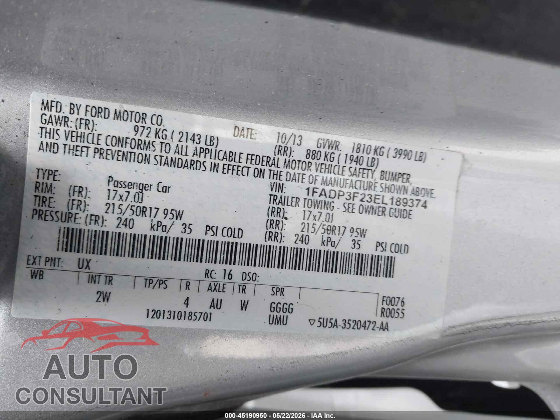 FORD FOCUS 2014 - 1FADP3F23EL189374