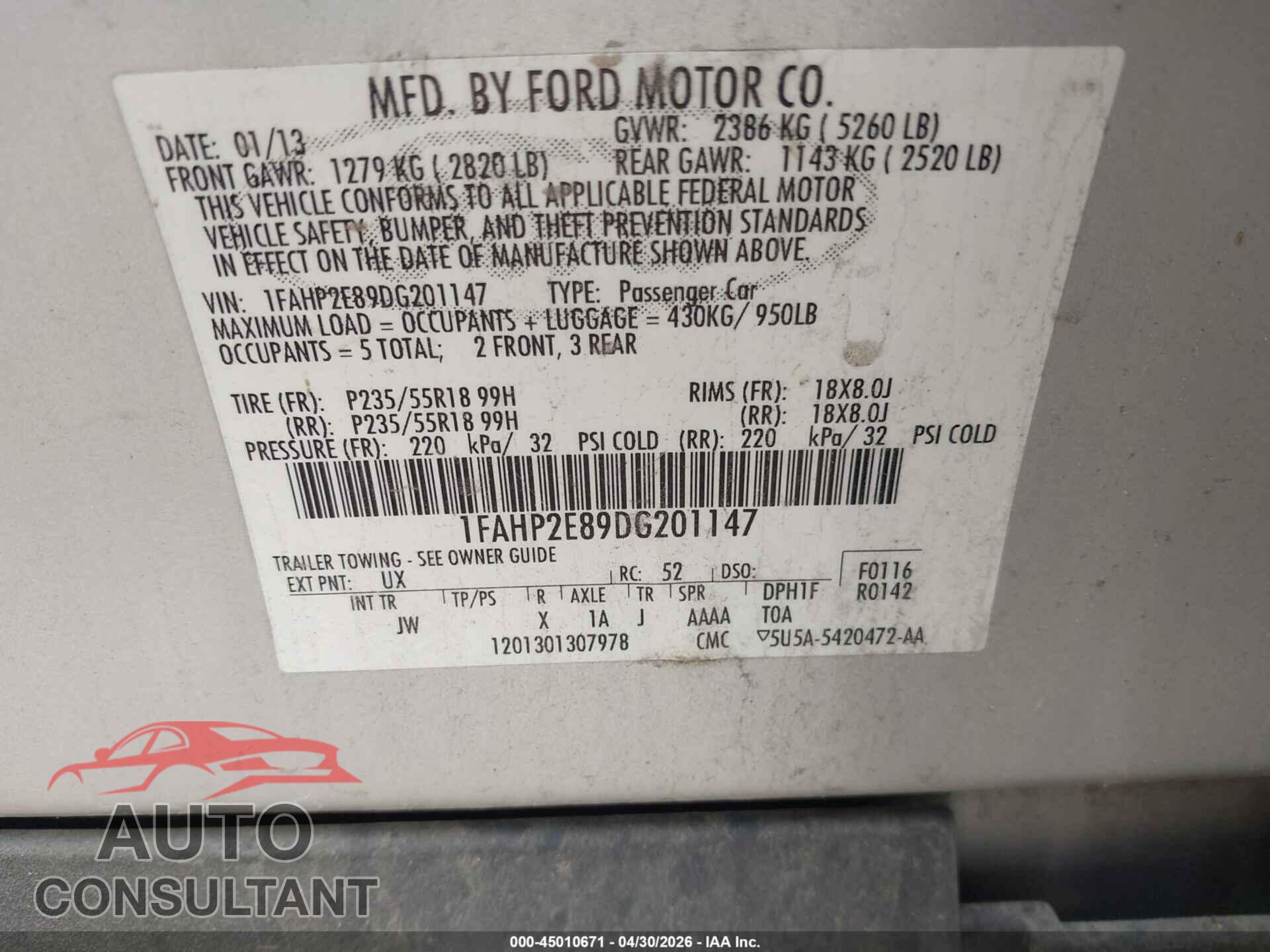 FORD TAURUS 2013 - 1FAHP2E89DG201147