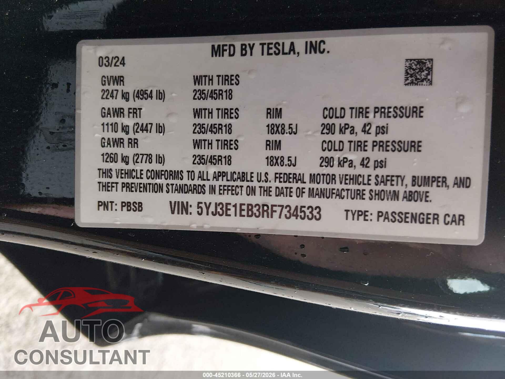 TESLA MODEL 3 2024 - 5YJ3E1EB3RF734533