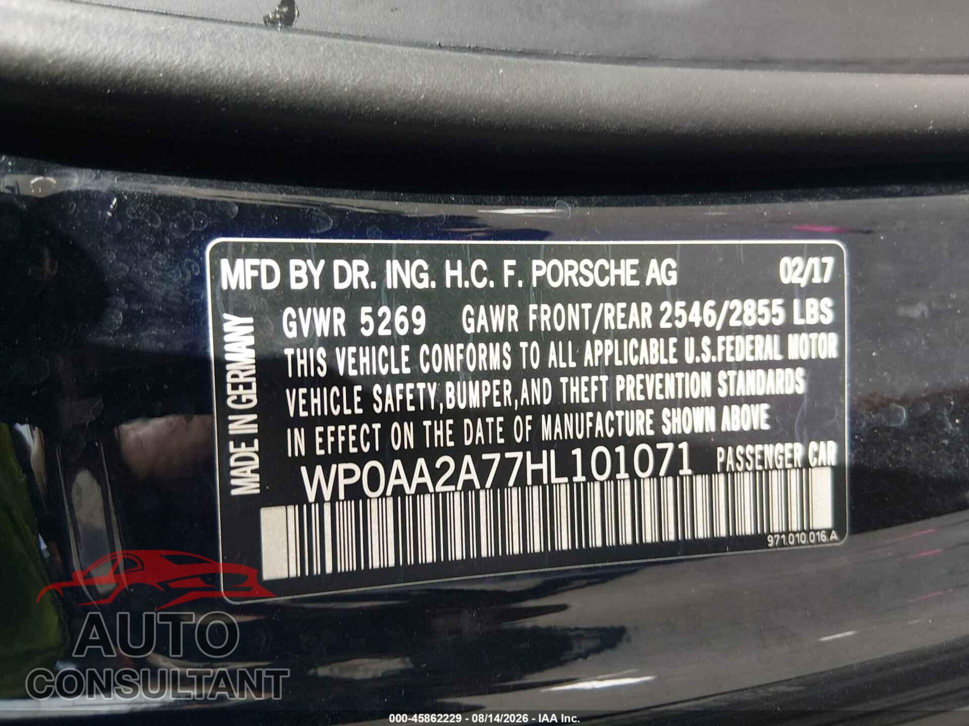 PORSCHE PANAMERA 2017 - WP0AA2A77HL101071