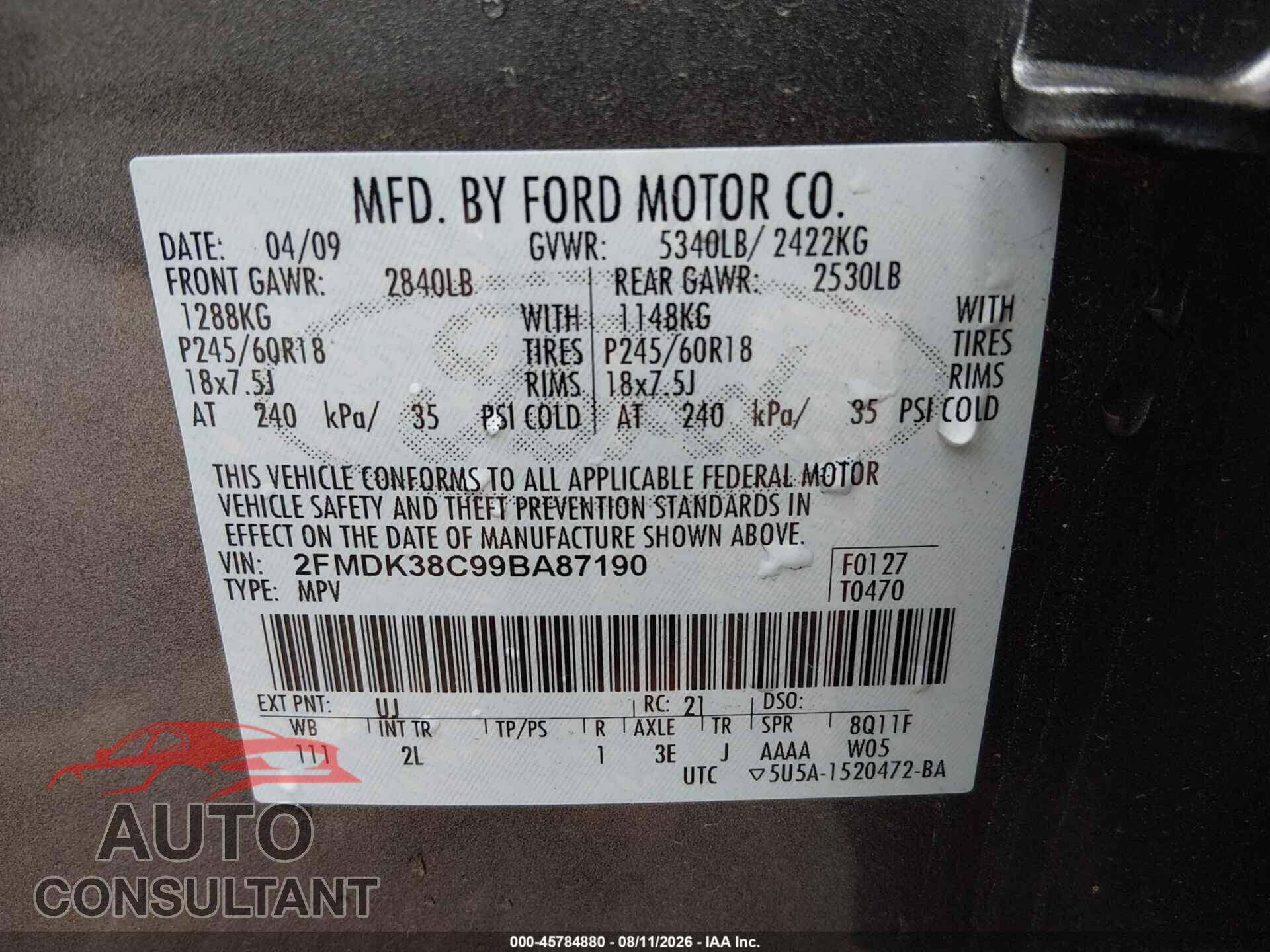 FORD EDGE 2009 - 2FMDK38C99BA87190