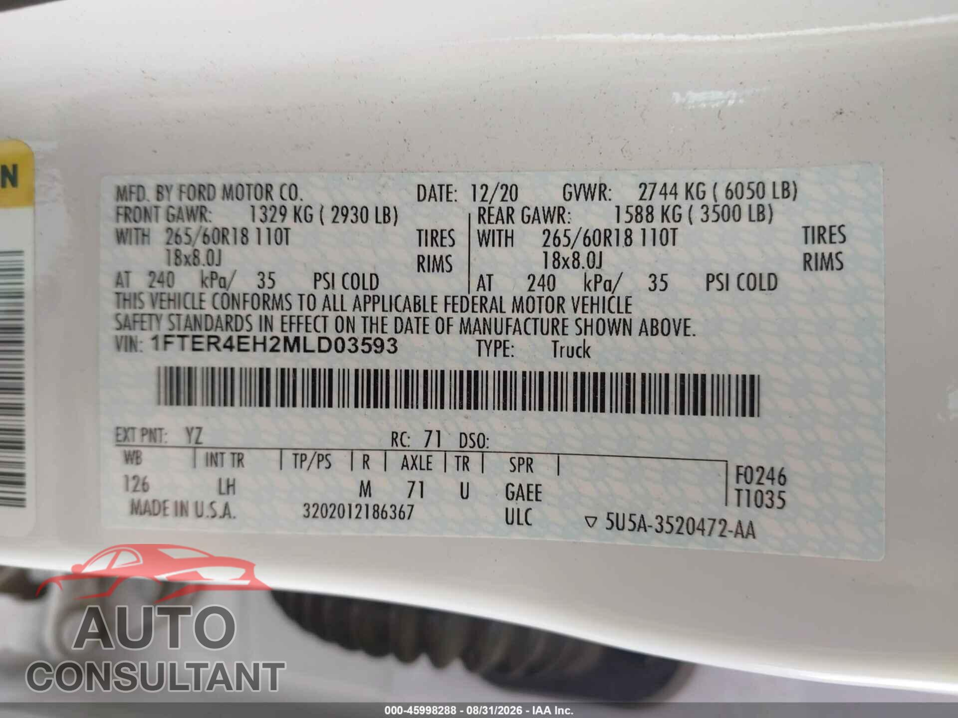 FORD RANGER 2021 - 1FTER4EH2MLD03593