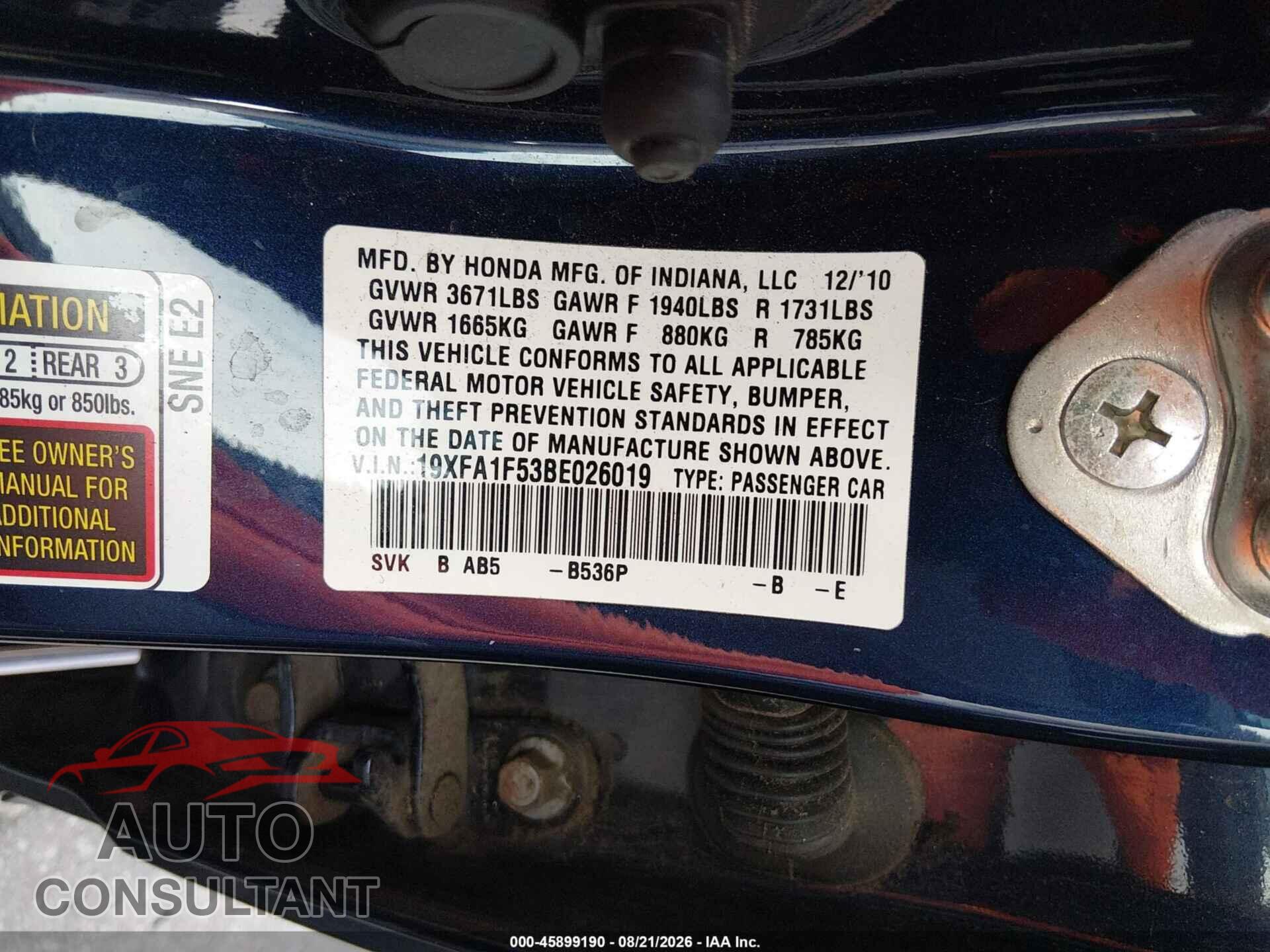 HONDA CIVIC 2011 - 19XFA1F53BE026019
