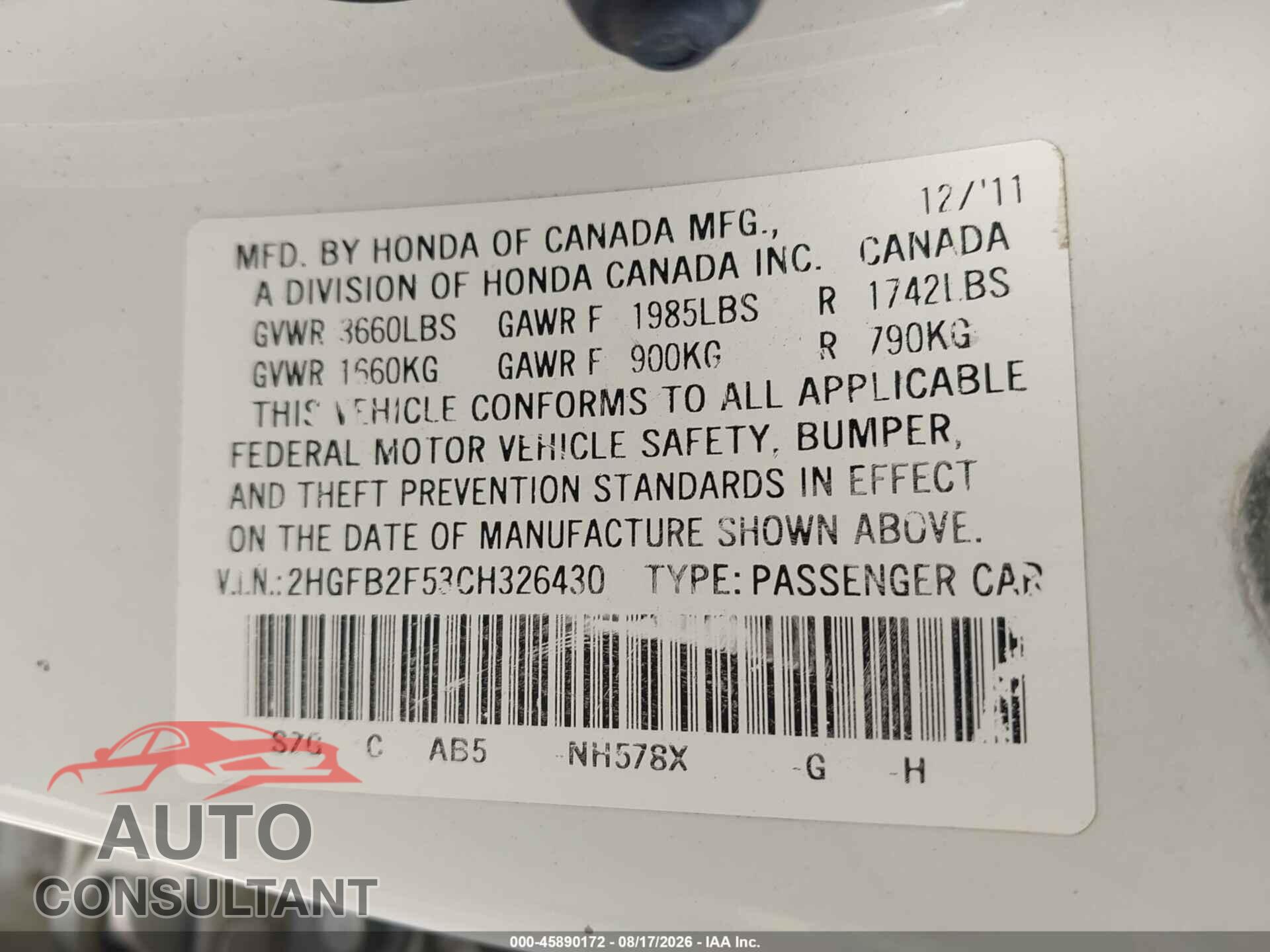 HONDA CIVIC 2012 - 2HGFB2F53CH326430