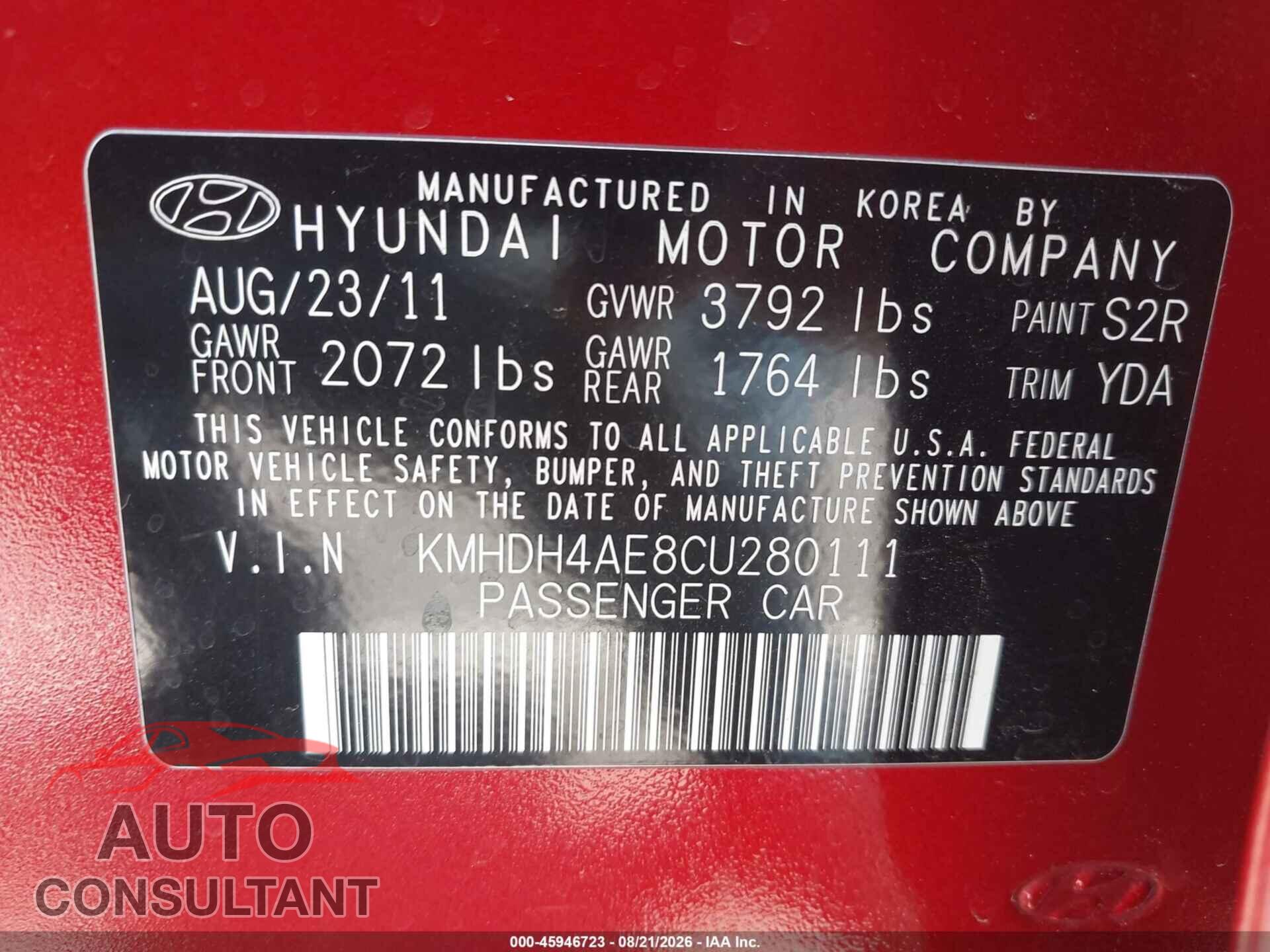 HYUNDAI ELANTRA 2012 - KMHDH4AE8CU280111